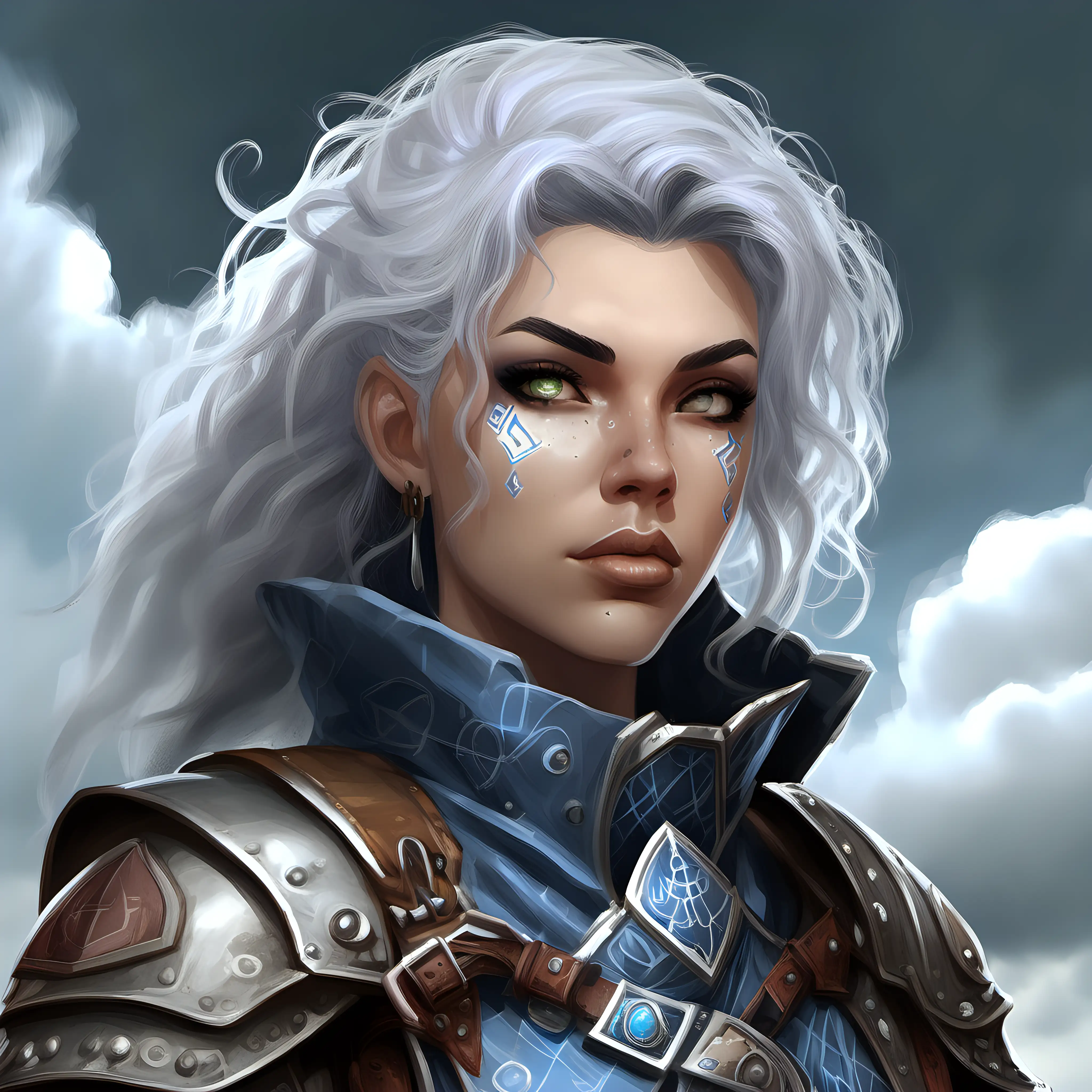 Young woman portrait dnd tempest cleric storm sorcerer
her glaze is serious and made the observer upset. her hair is gray, almost white. Clear eyes.
 she has a small birthmark on the neck 
She is wearing a plate armor decorated with clouds and runes, a small backpack, a belt with tons of pockets and few tools.
