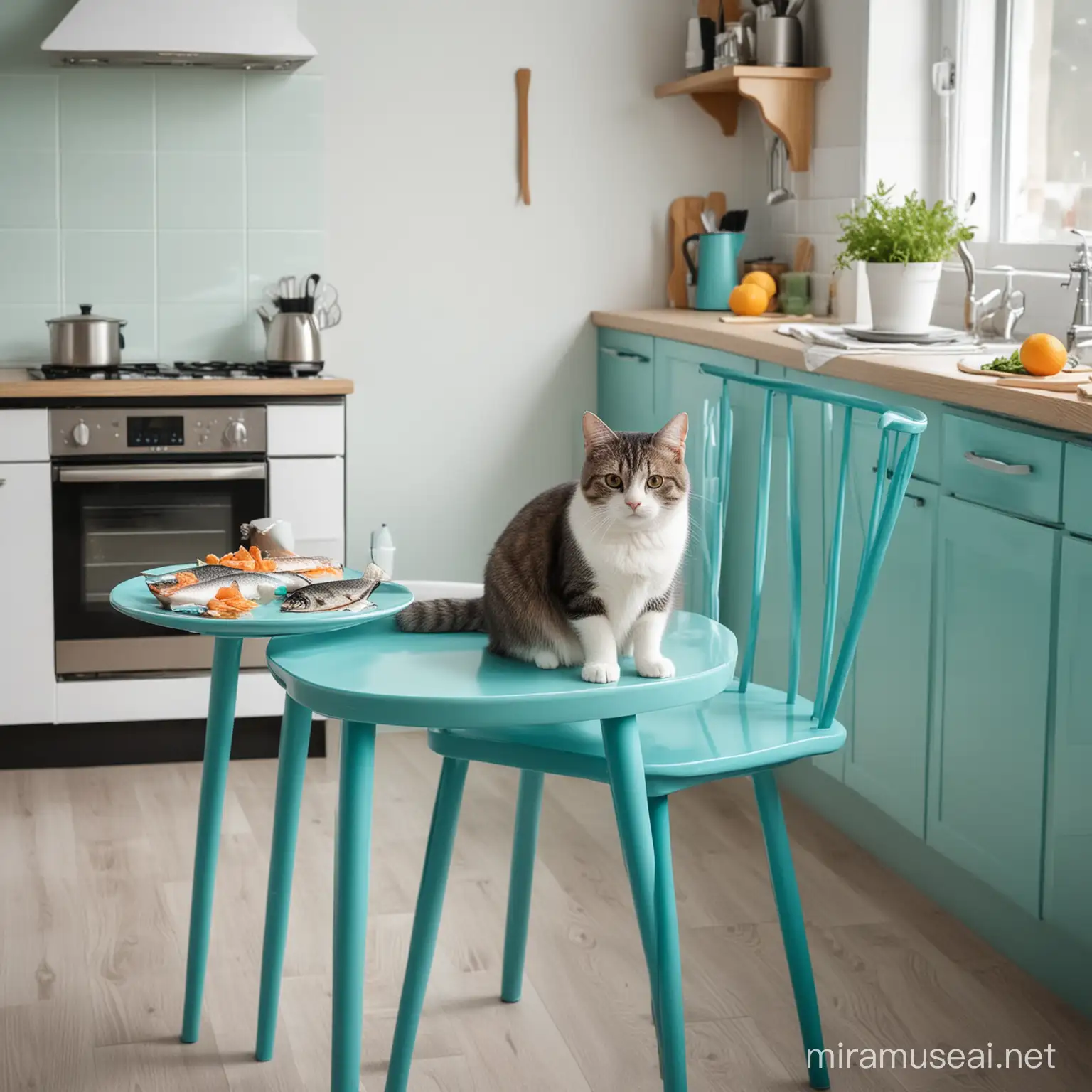 Котик сидит на стуле за столом на современной кухне в бирюзовых тонах. На столе стоит тарелка с рыбой