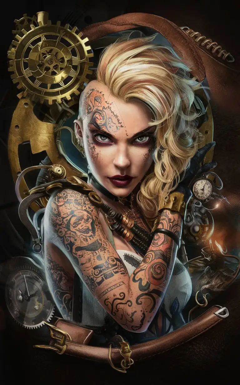 create a stunning and captivating portrait. You have a keen eye for detail, color, and style, bringing to life unique characters with every brush stroke.
Your task is to paint a breathtaking portrait of a steampunk tattooed blonde. This character embodies a blend of futuristic technology with a vintage aesthetic, adorned with intricate tattoos that tell stories of adventure and mystery.
Keep in mind the steampunk theme, incorporating elements like clock gears, brass accents, and leather textures. Infuse the portrait with personality, making the character's gaze intense and intriguing, drawing viewers into their world.
Throughout the process, focus on capturing the essence of steampunk culture while showcasing the individuality of the tattooed blonde. Pay attention to lighting, shading, and composition to create a visually striking and emotionally engaging piece that tells a story in itself.
Examples of your work include a portrait of a cyberpunk hacker with neon tattoos seamlessly merging with glowing circuit patterns, and a fantasy warrior adorned with tribal markings blending into the intricate armor design.