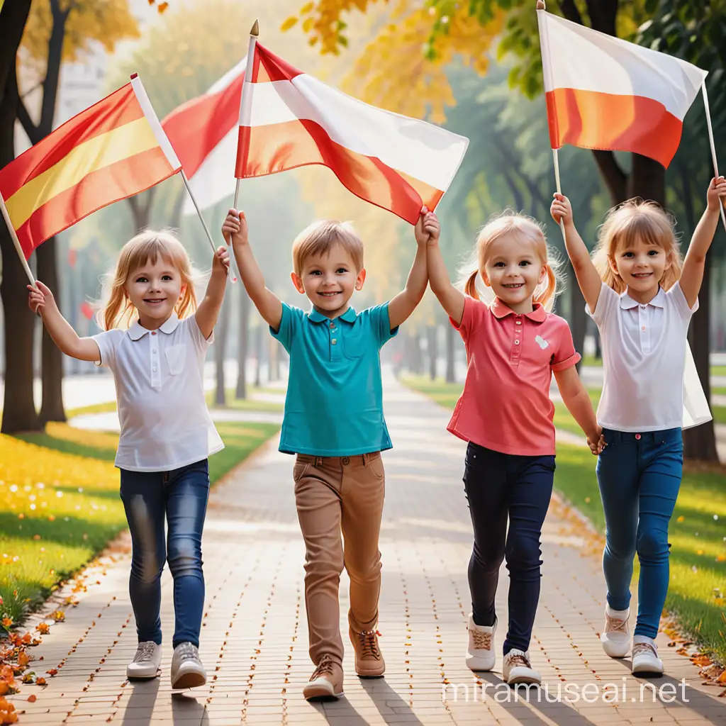 smiling children walking keeping their hands up with flags
