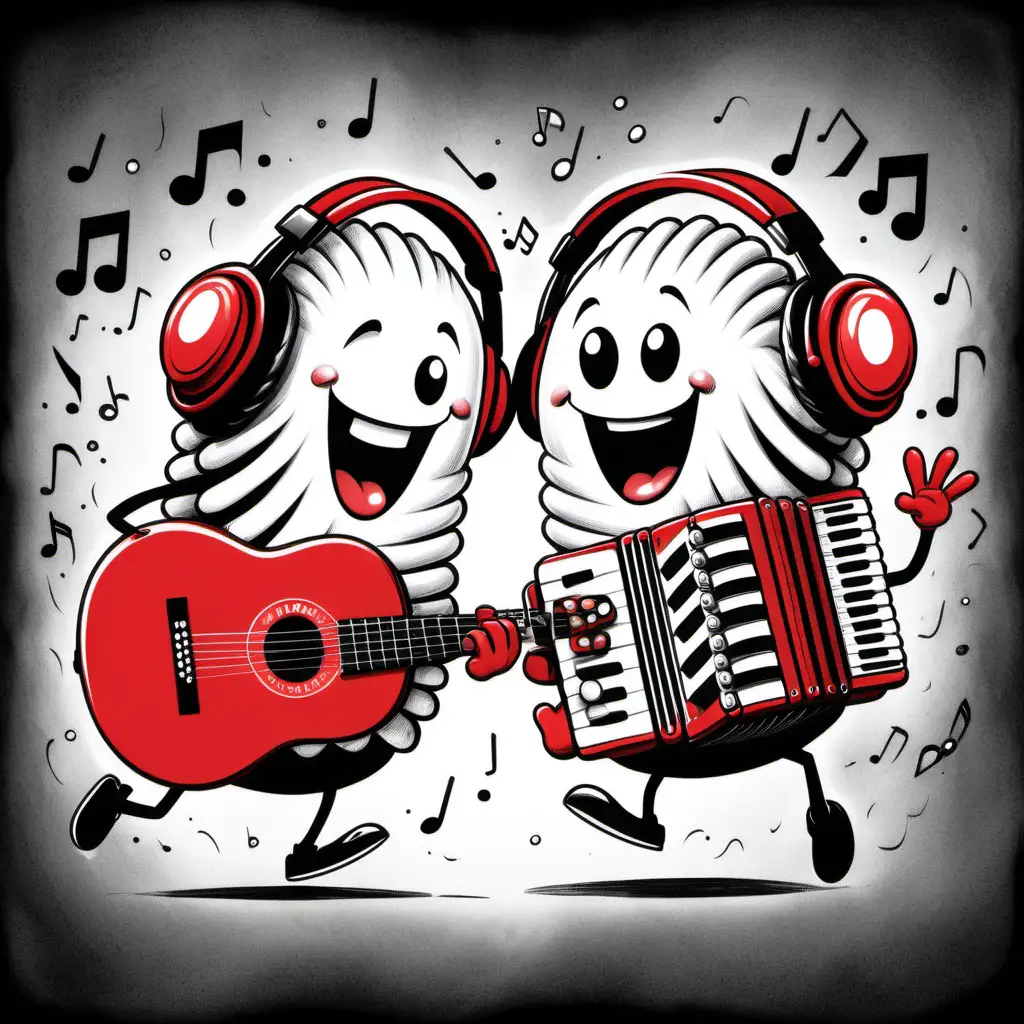 The drawing shows a cartoonish accordion and a guitar wearing a pair of oversized red headphones. The accordion has a smiling face with excited eyes and raised eyebrows. It is bouncing up and down to the rhythm of the music. The backgrounds filled with little cranium bubbles full of ideas