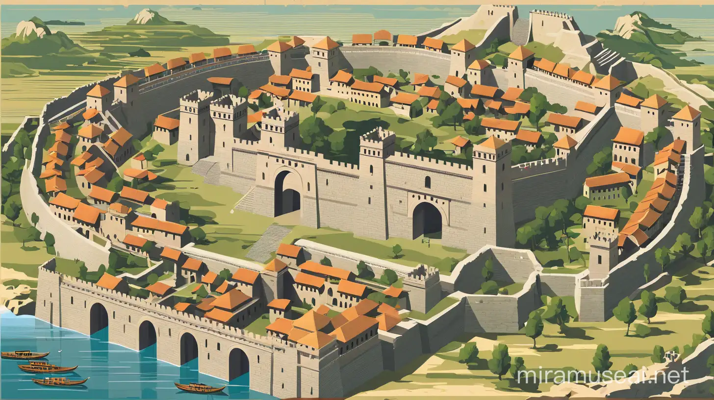 Mixed style of flat vector art and travel poster: recreation of ancient city of Mari with internal rampart and circular city wall with city gate.