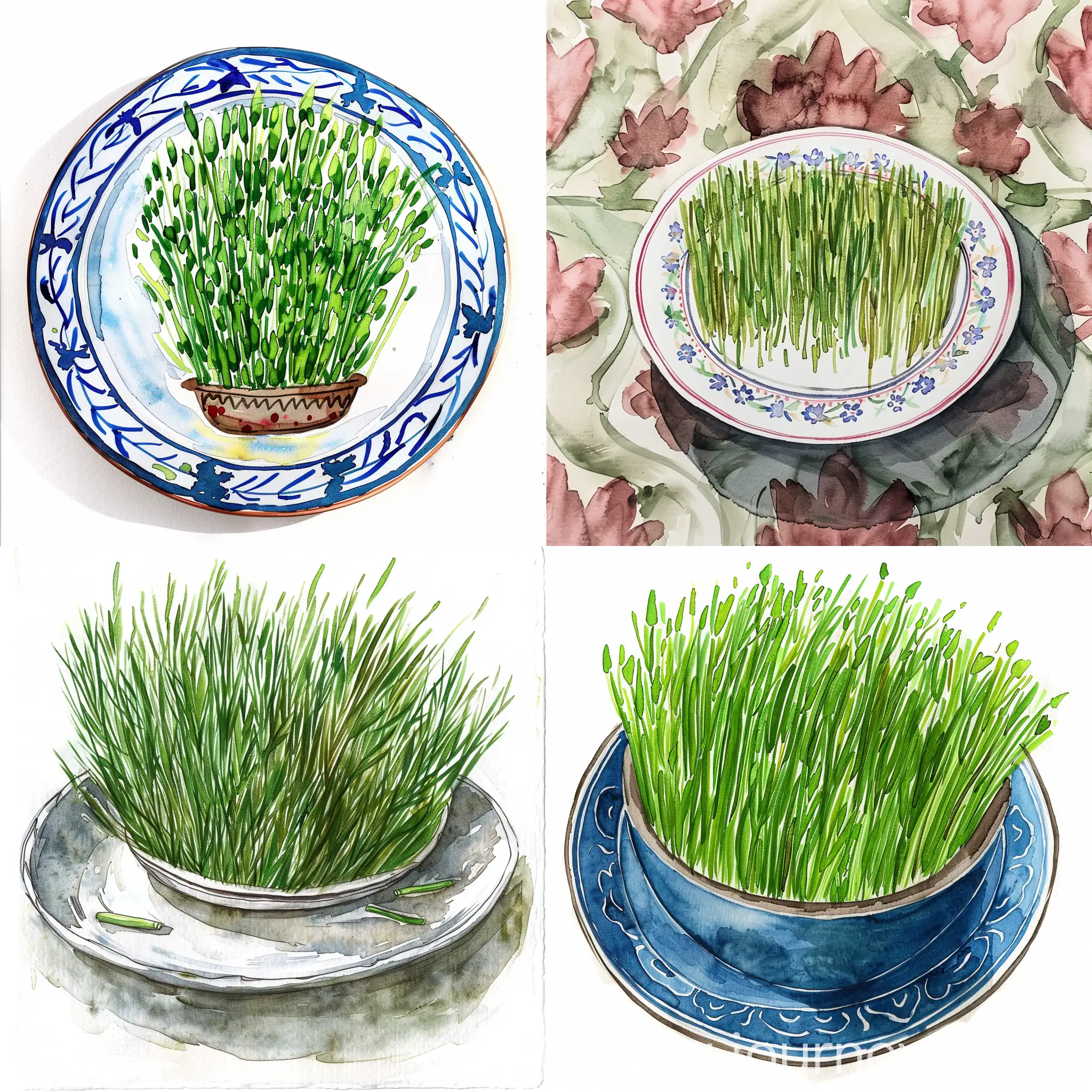 draw a watercolor of sumalak (the green grass prepared for Navruz holiday in Tajikstan) on the plate