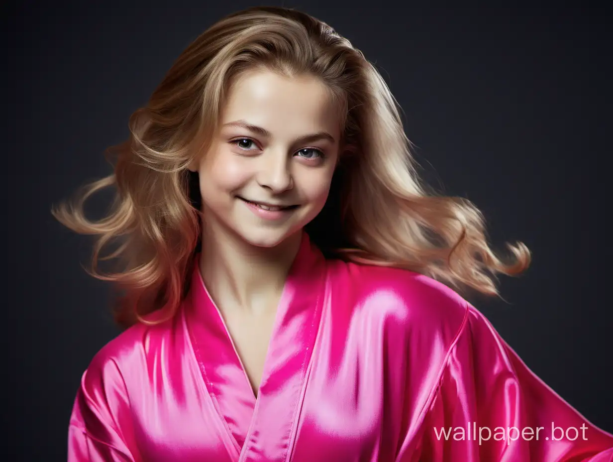 Yulia Lipnitskaya in a bright pink silk robe with loose hair smiles