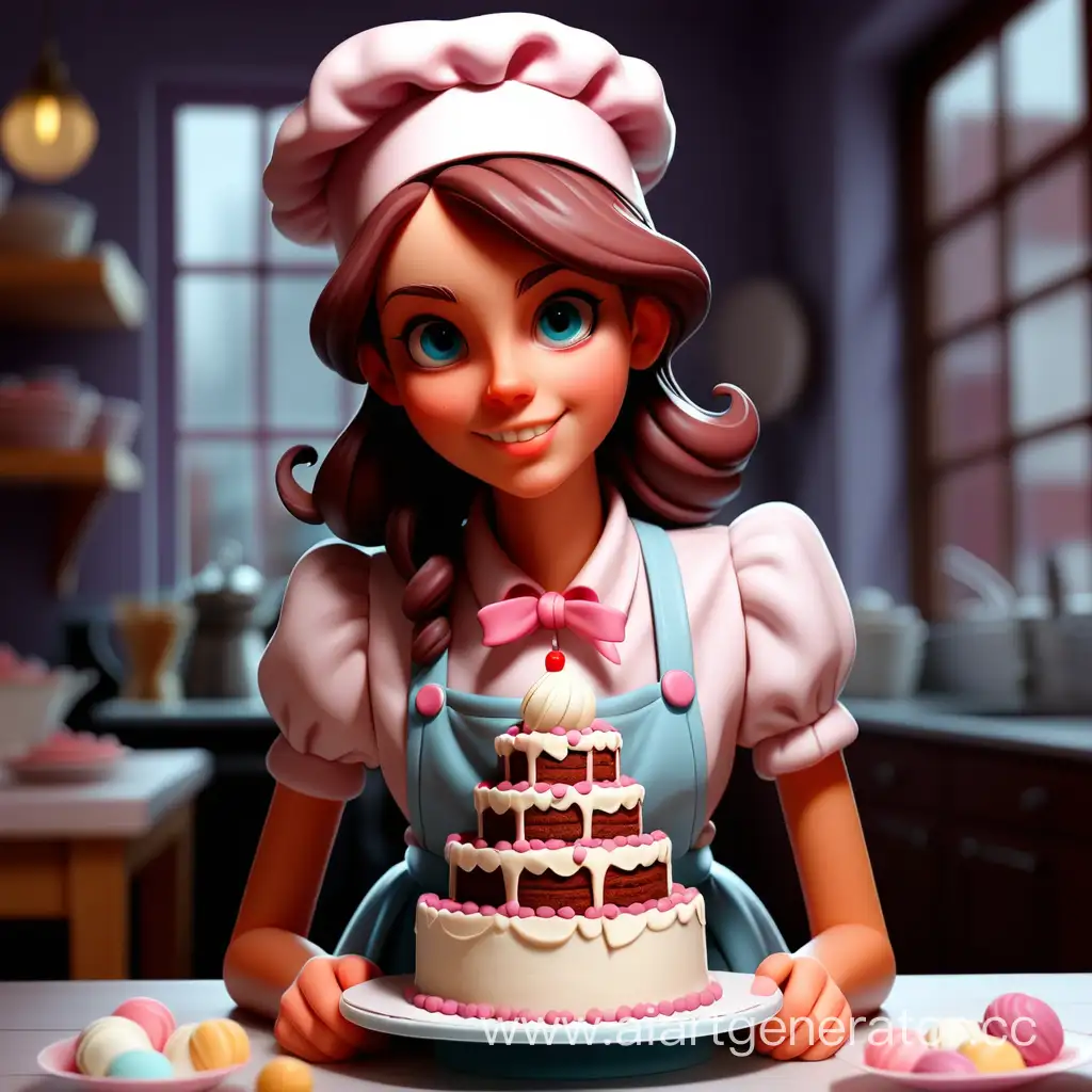 Young-Confectioner-Girl-Showcasing-Delicious-Cake-Creations