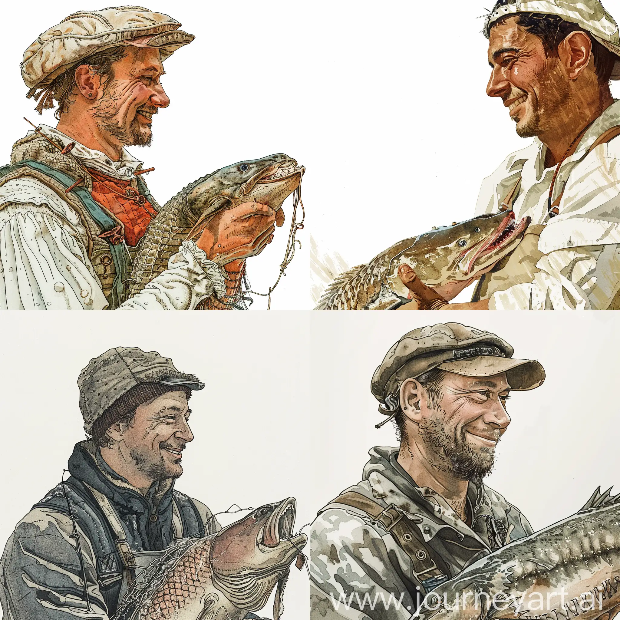 Man, smiling slightly, face in profile, in fishing clothes, lots of details, holding a sturgeon, white background, illustration, Gustav Robert Hegfeldt style