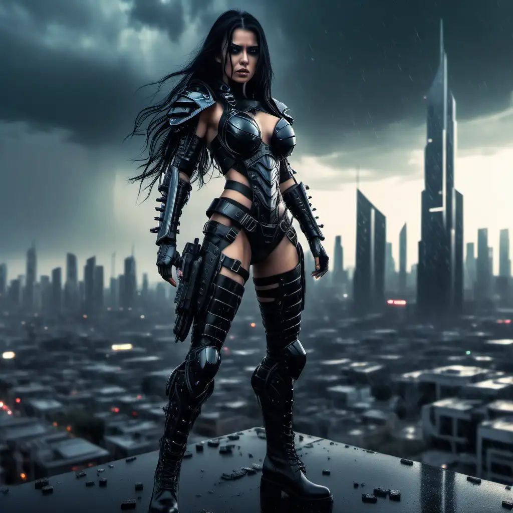 detailed full body shot. detailed angry attractive futuristic female with detailed black long hair wearing intricate futuristic black combat armour and boots.  Background is a detailed cityscape at dusk with detailed rain. 4k, ray tracing, powerful, oppressive, dystopia, looking down POV