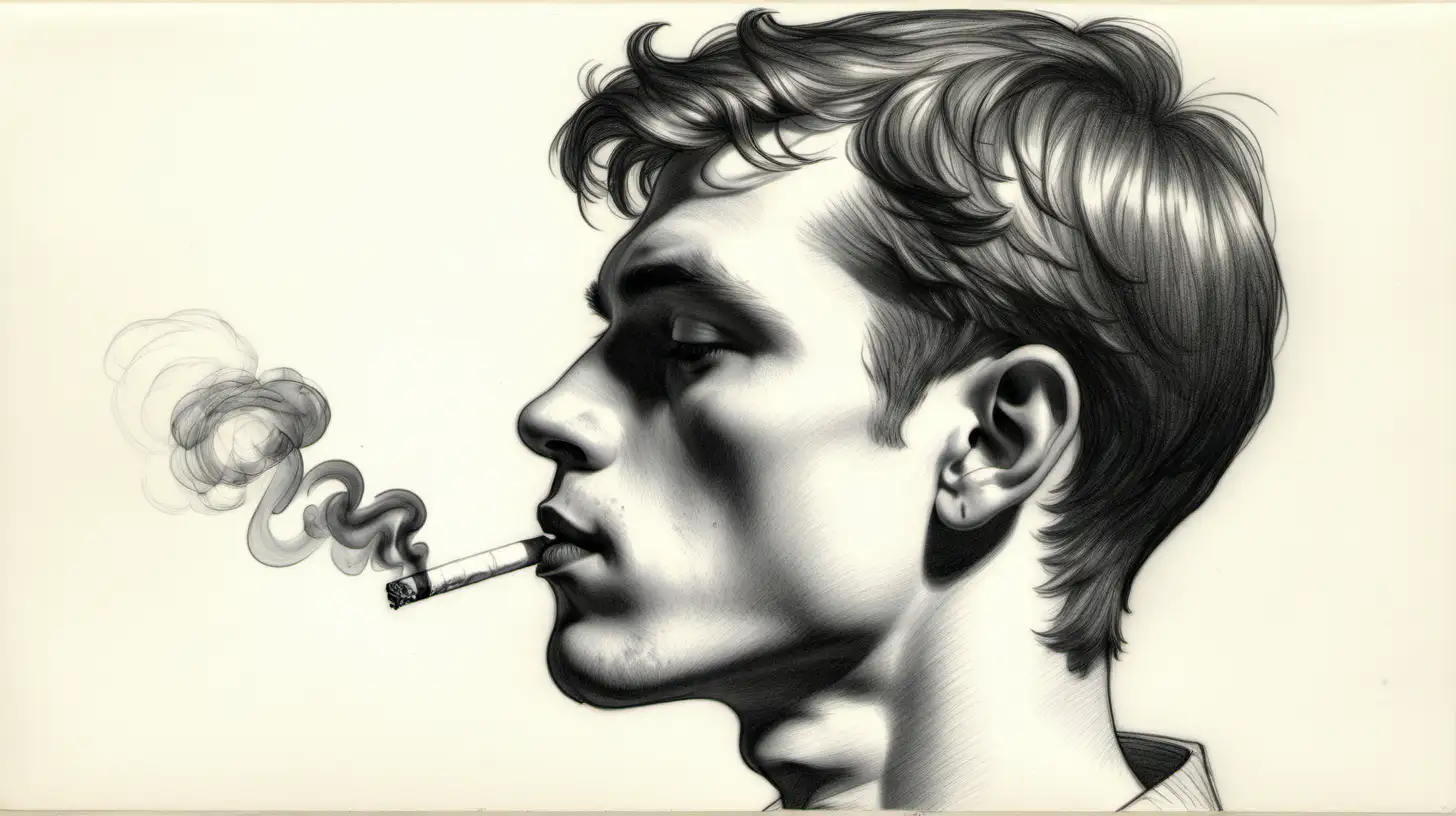a drawing by Owe Zerge of a young man in profile, smoking a cigaret looking thougtfull