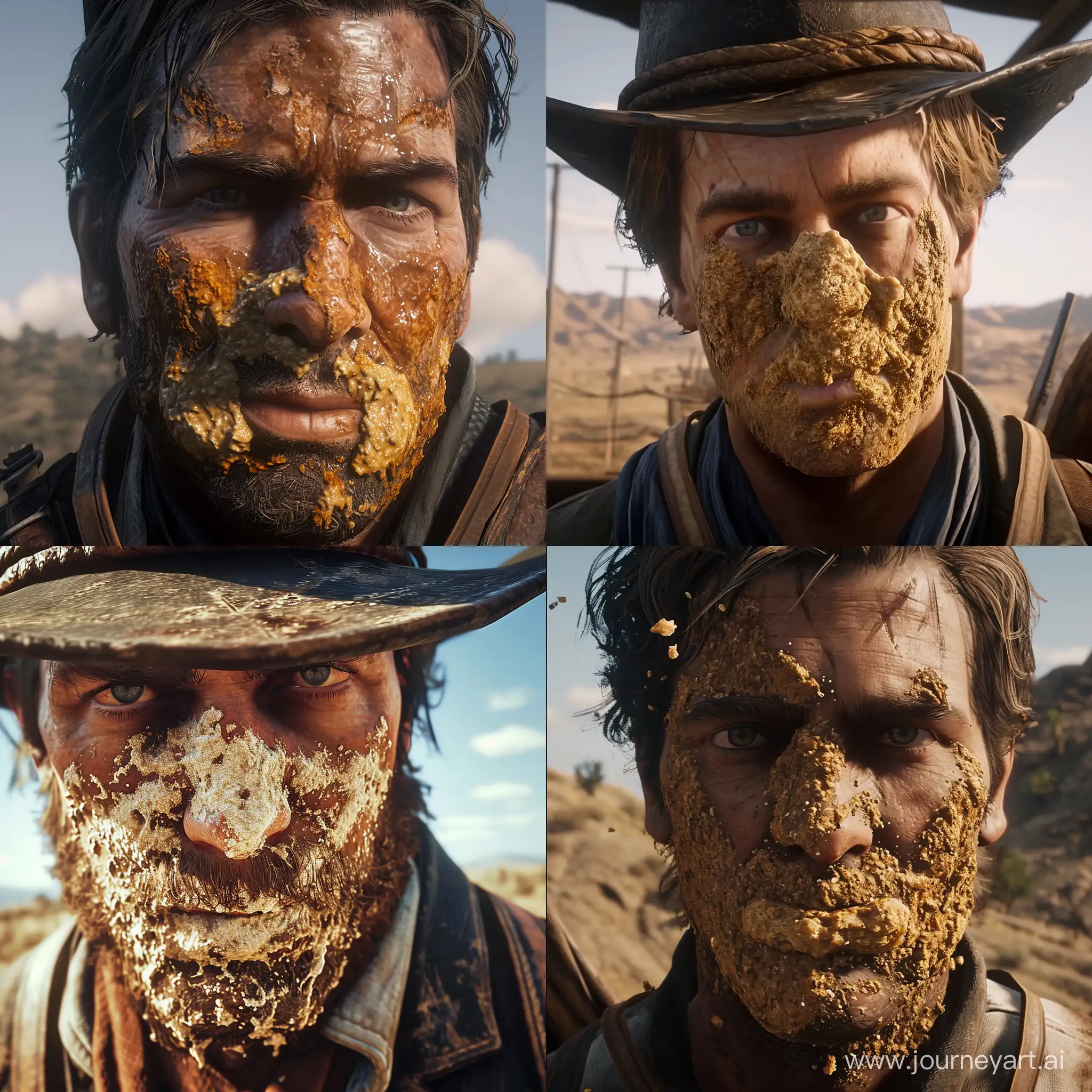 closeup of Dutch Van Der Linde from red dead redemption 2 with hummus all over his face --v 6 --style raw