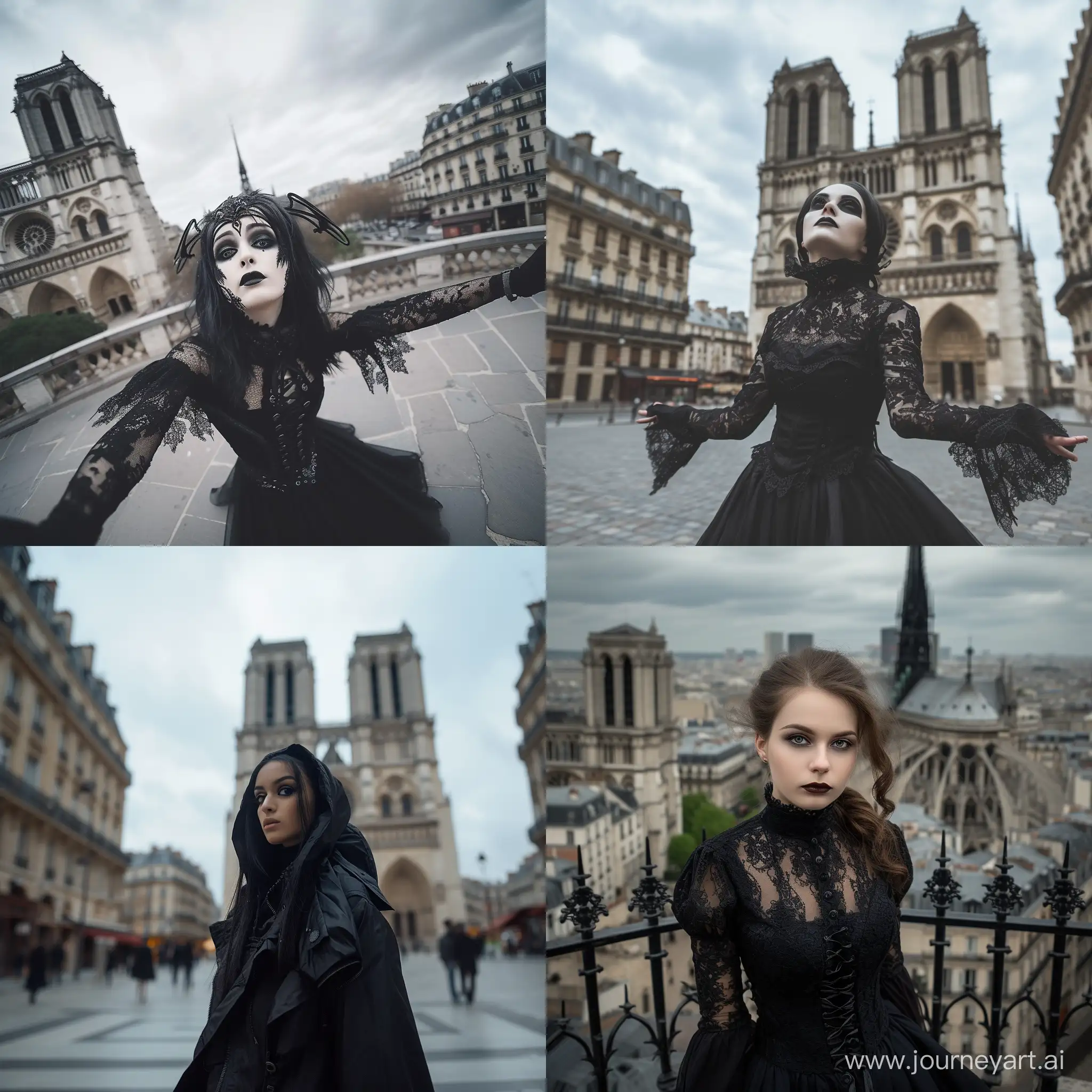 /img gothic photo session, in the style of "Gothic chic" a woman in a Gothic image on the background of Notre Dame De Paris. wide-angle lens, open, aggressive poses, black style, bottom view, daytime photo session, all the buildings of Notre Dame De Paris are placed in the frame, picture will be more brightness, picture without vignette девушка модель с короткими черными волосами, strong face, открытый наряд