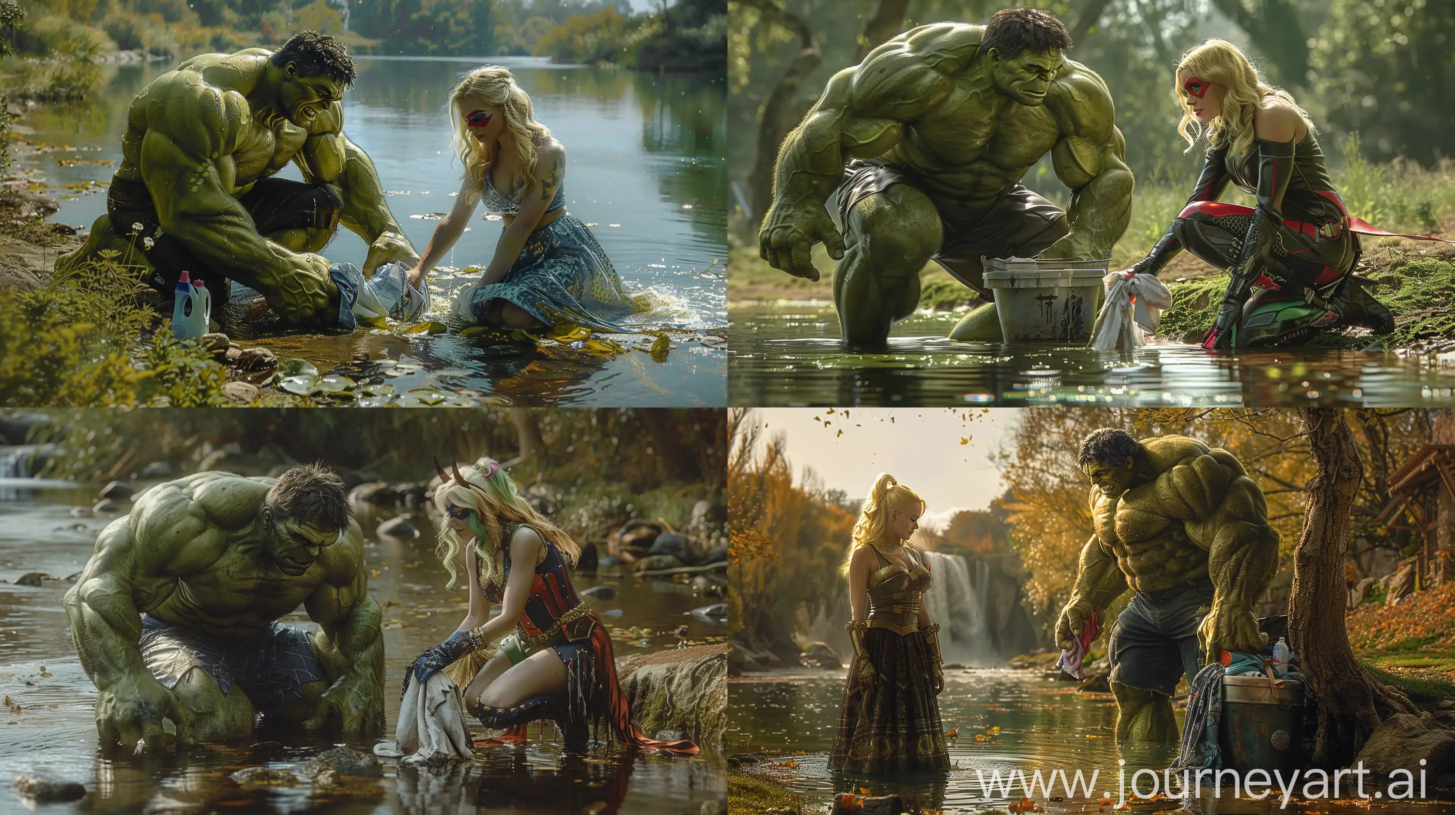 hulk and movie character Harleys Quinn doing laundry by a serene river, superhero commitment to household chores, vivid details, iconic costume, tranquil waters, picturesque setting, juxtaposition of action-hero with domestic life, engaging narrative tableau --v 6 --ar 16:9 --s 300 --c 5 --v 6 