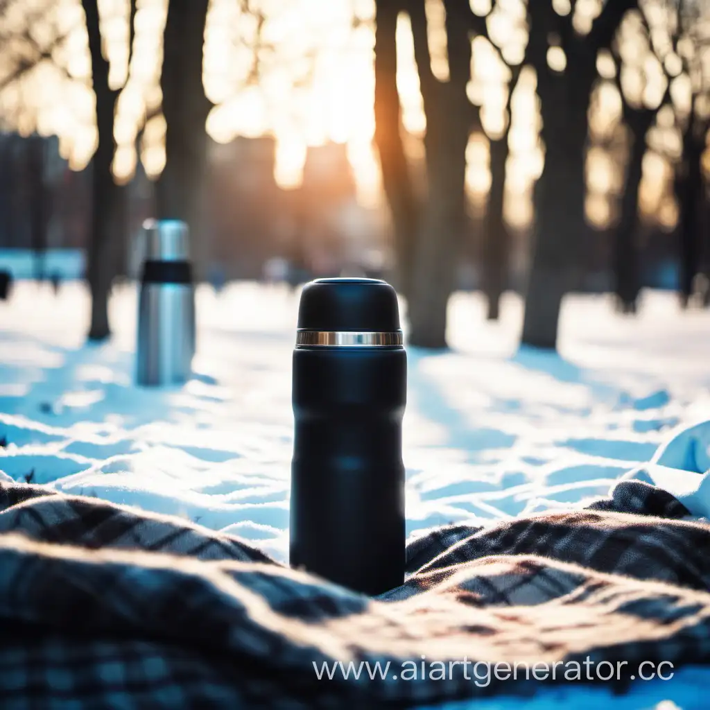 фон пикника в зимнем городском парке, на переднем плане на пледе стоит чёрная термокружка