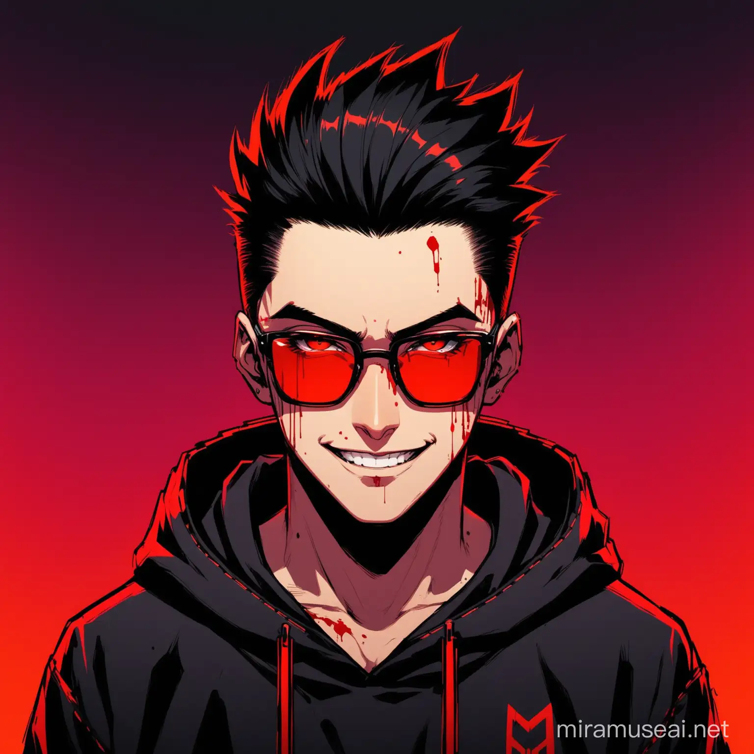 cool,hacker,cyberpunk hoodie,glasses,quiff hairs,oblong face,big nose,small mouth,m shape hairline,handsome,aesthetic,psycho smile,gradient background,blood on face,red eyes
