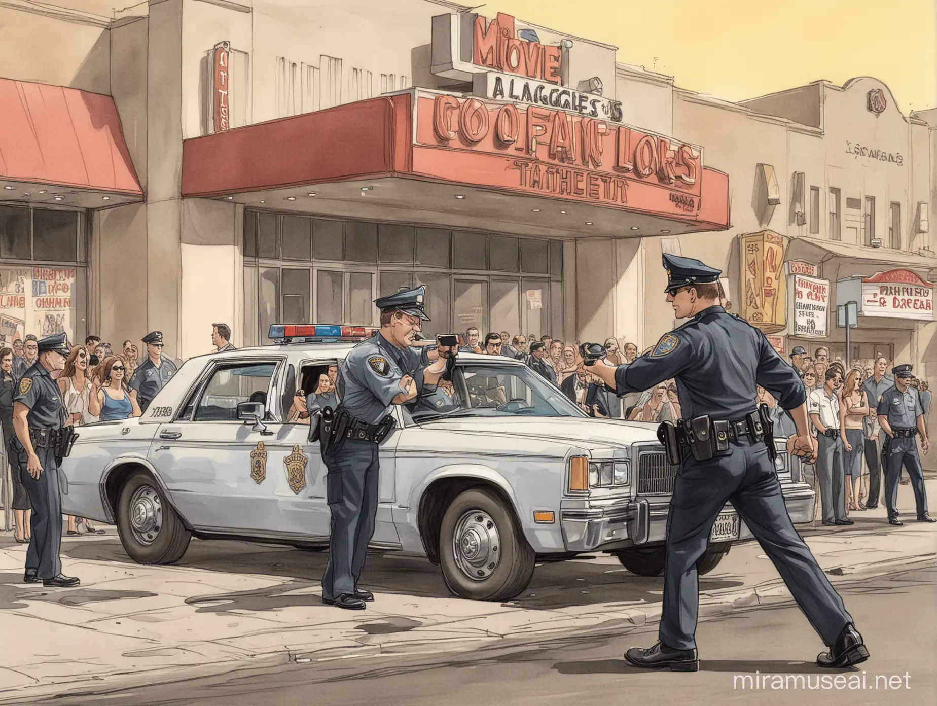 Cartoon of Los Angles cop getting out of car in front of movie theater. No words
