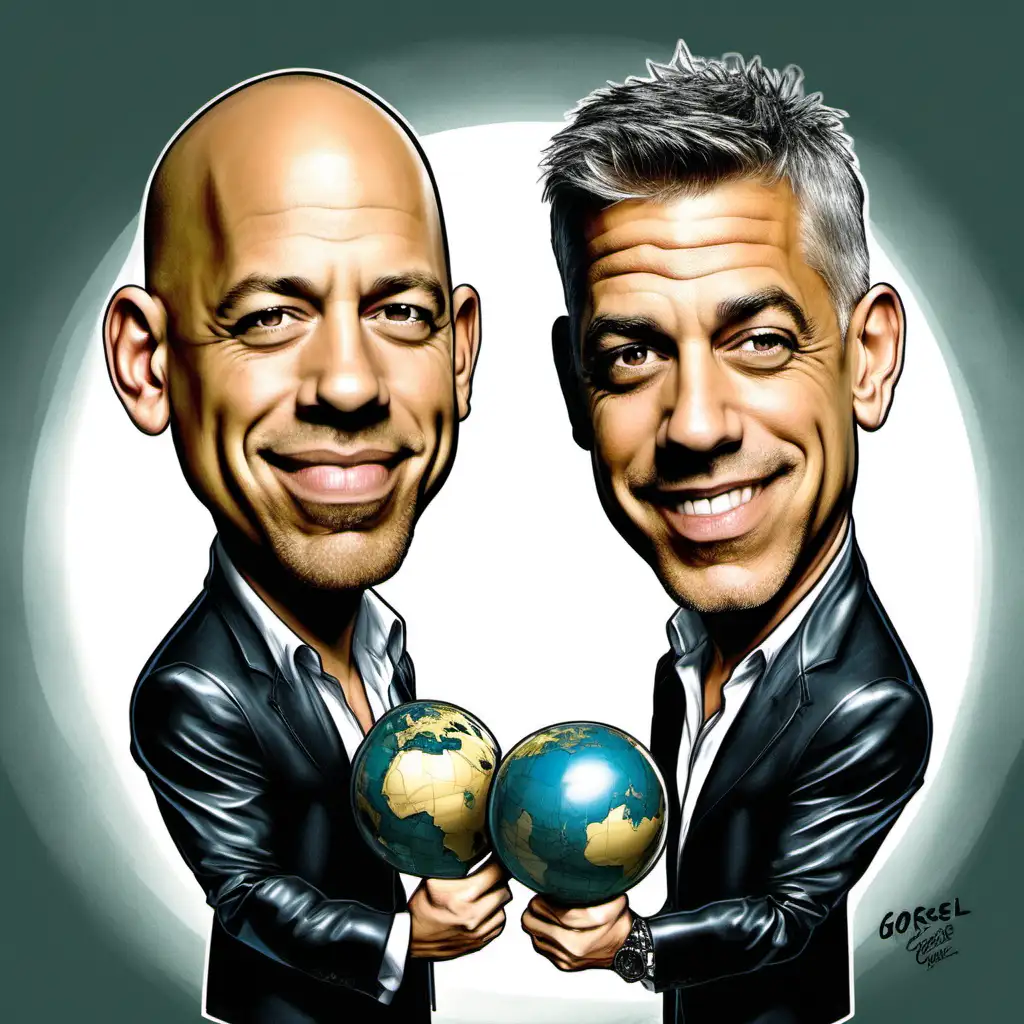 Humorous Caricature Vin Diesel and George Clooney Playfully Holding Globes