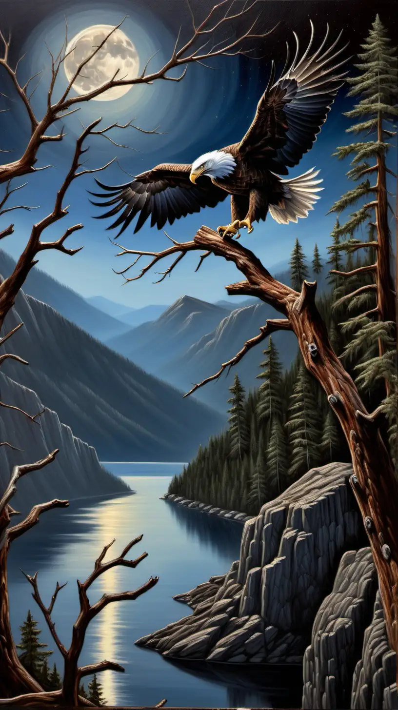 oil painting of one bald eagle landing on tree branch on cliff  with   moon, night, clear sky, no clouds with forest, mountains and lake in background