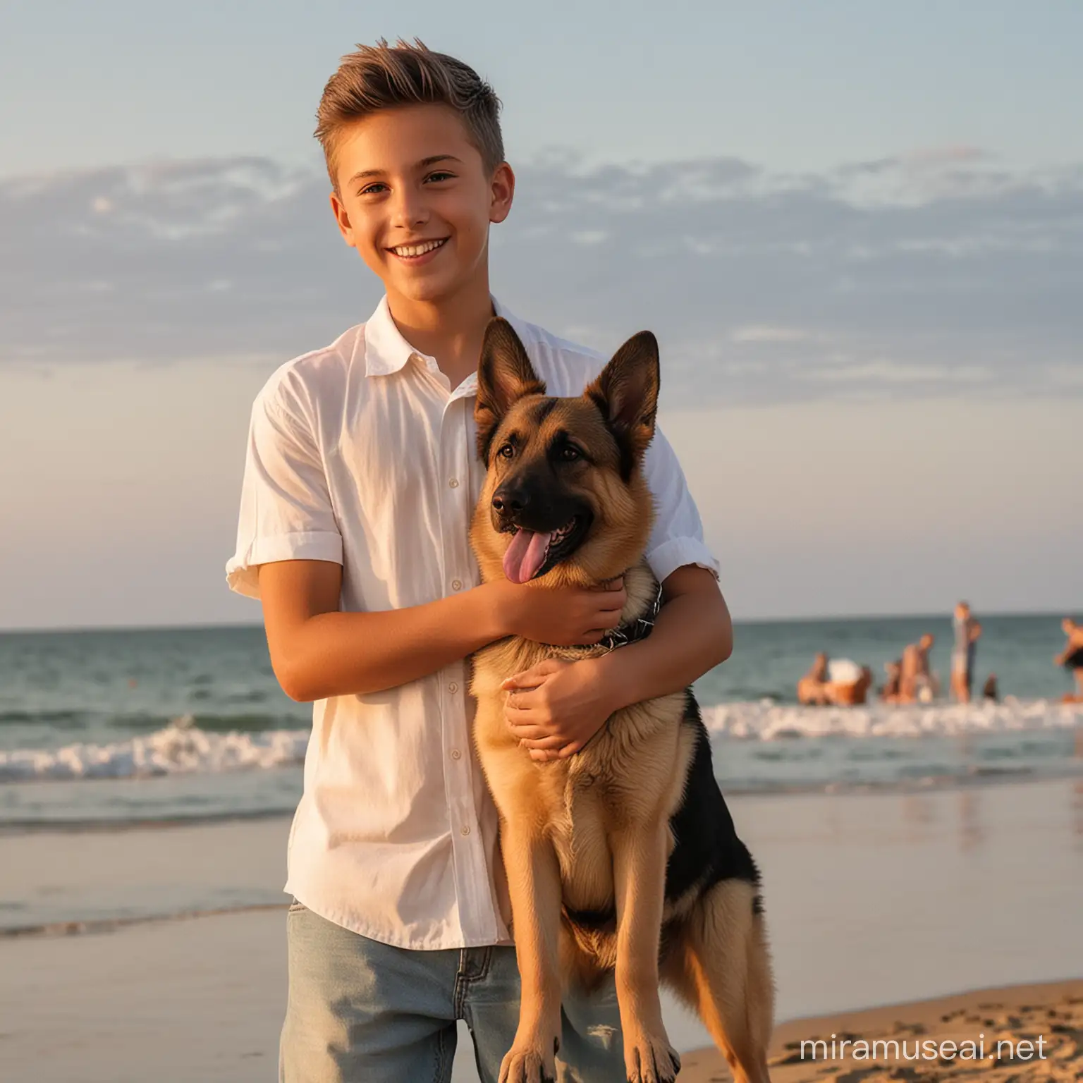 In beach in summer a 14 year old young boy with fine hairstyle who is skin colour is white colour waaring a nice shirt and 'trouser' whose playing with his nice German shepherd dog in summer evening in front of the beach water in the beach stand smiling at the camera who is so admirable.It should be realistic