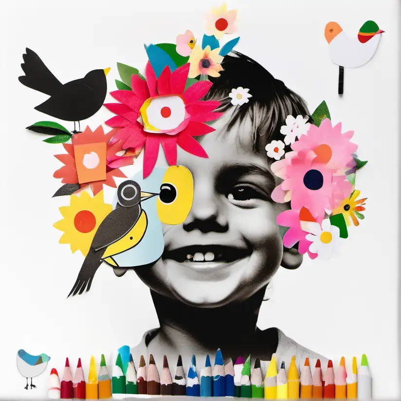 paper collage of one happy face of a little Italian boy, black and white face. with colourful flowers and birds, crayons, pencils, paint. White flat background