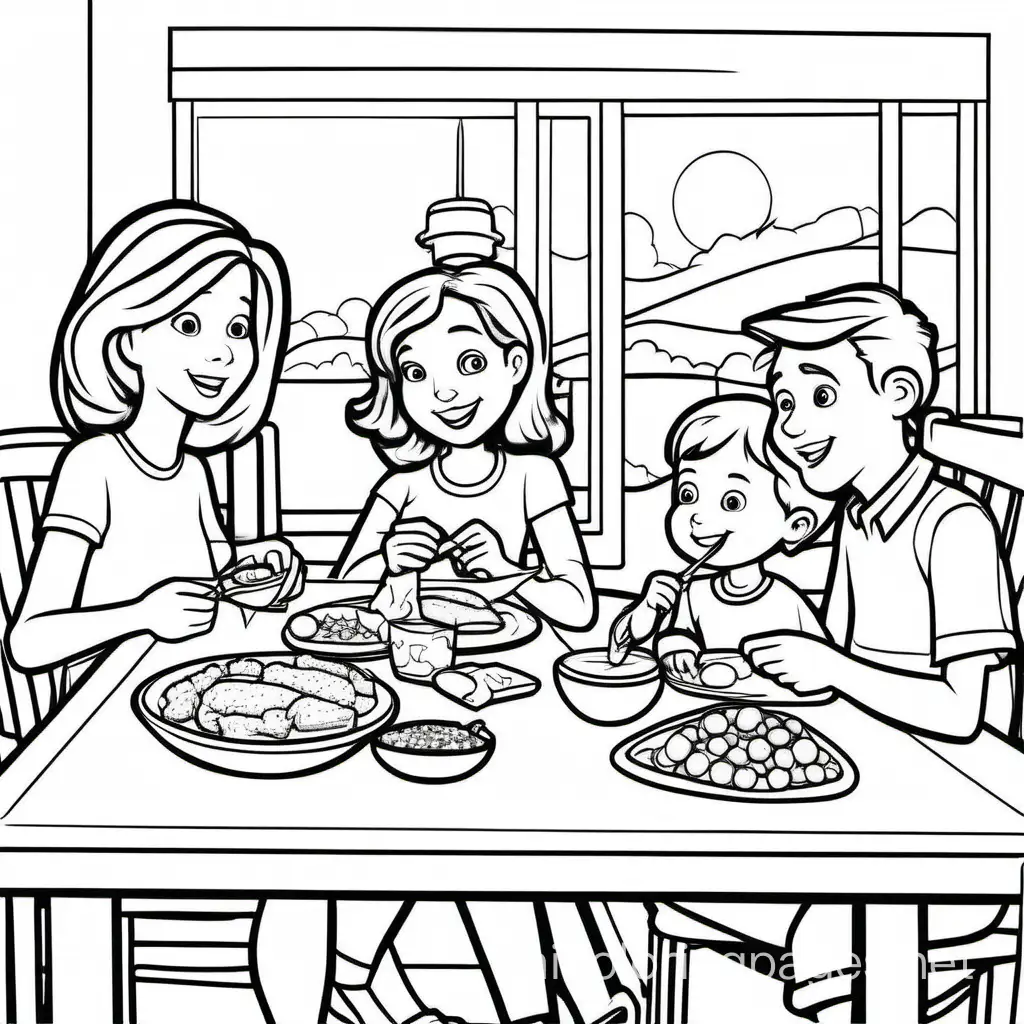 a family eating breakfast together
, Coloring Page, black and white, line art, white background, Simplicity, Ample White Space. The background of the coloring page is plain white to make it easy for young children to color within the lines. The outlines of all the subjects are easy to distinguish, making it simple for kids to color without too much difficulty