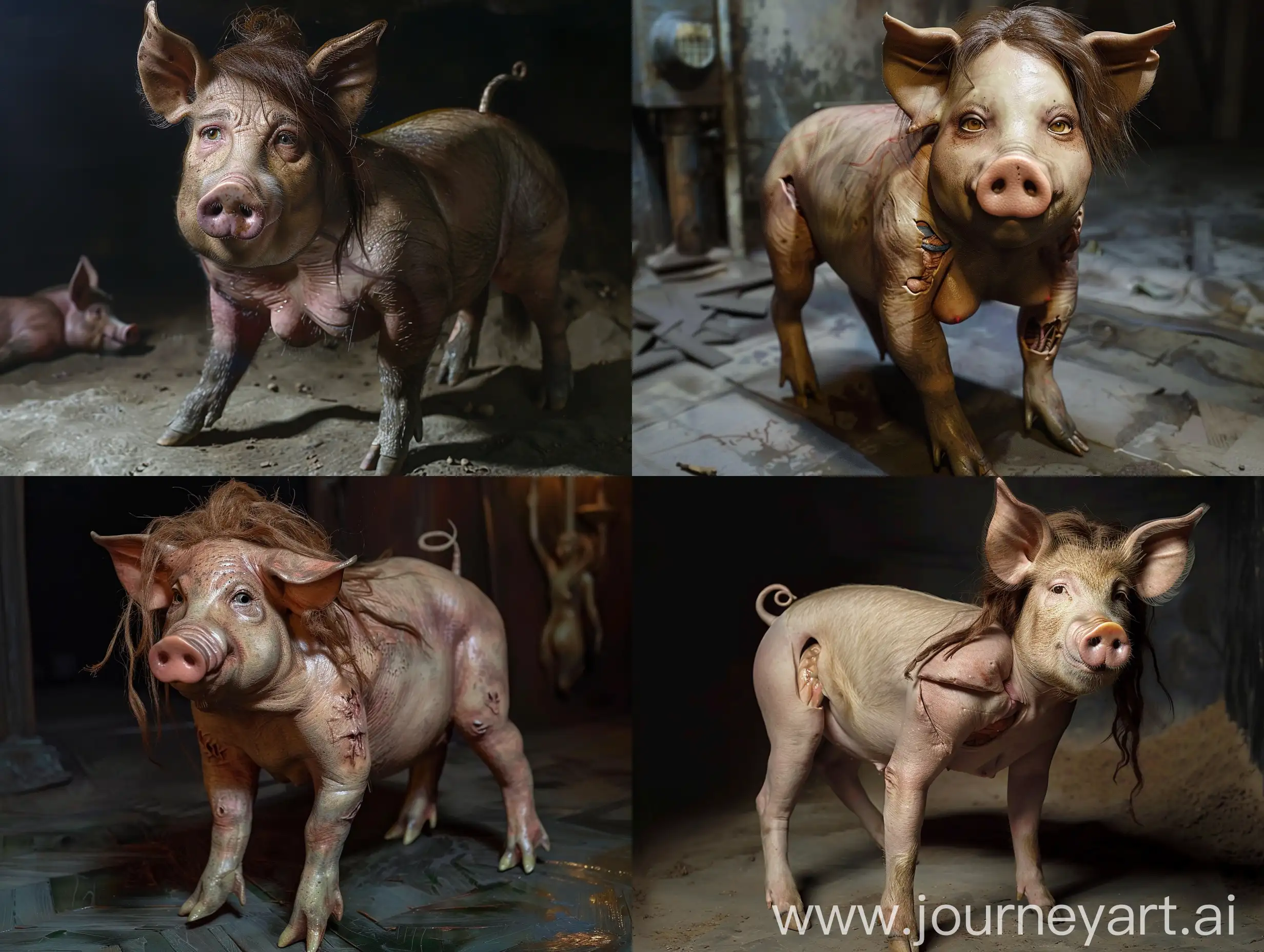 A pig. She has loose brown hair, a human face and a chest. She has ears, hooves, a snout and a tail. She is standing on all fours in a chamber at night. She has hooves for feet. Realistic photograph, full body picture.