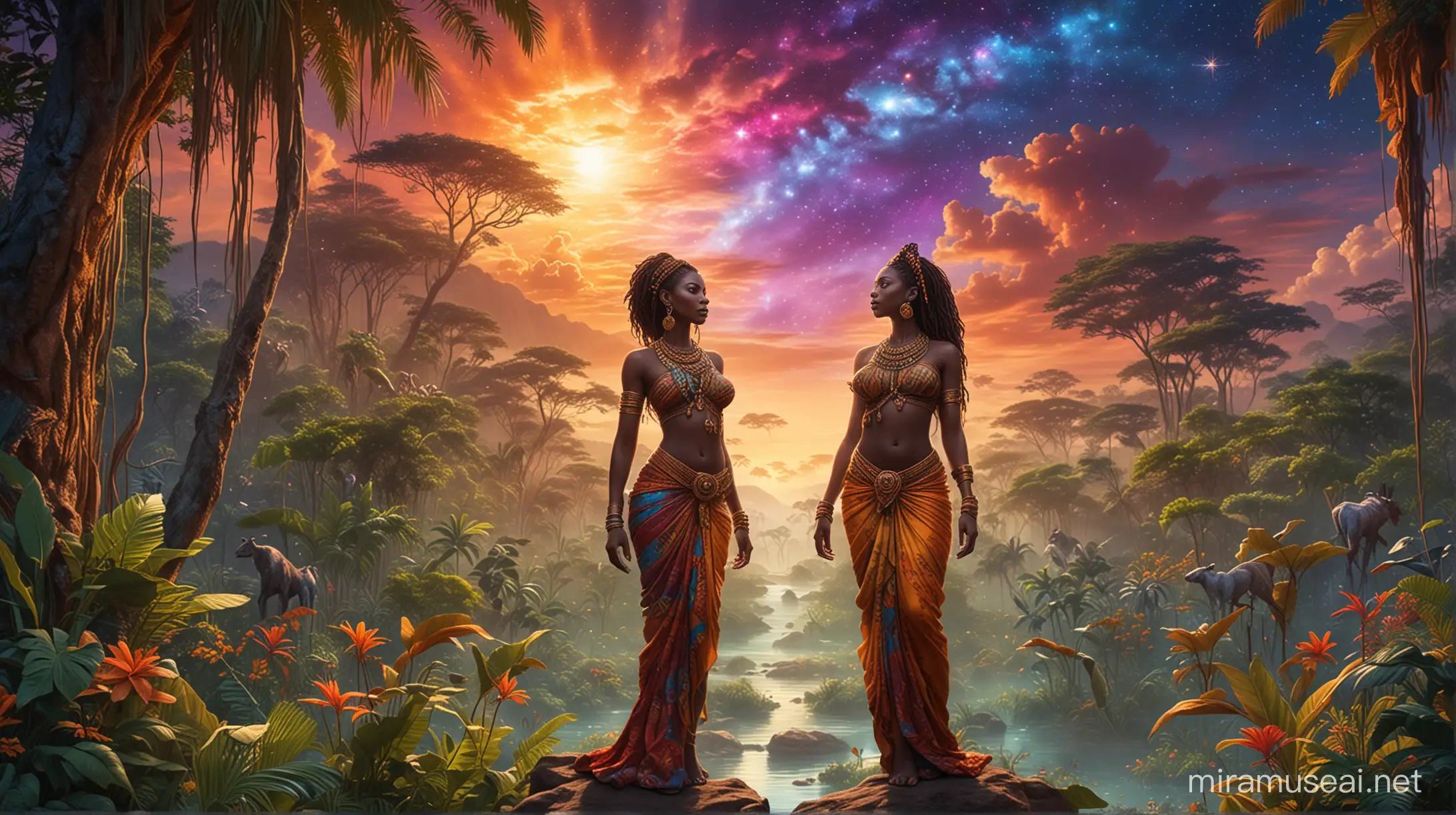 standing tall an African Goddess Emerges From A Jungle Oasis, with radiant glowing skin, a Beautiful Fantasy Landscape, Cosmic Sky, jungle animals in the backdrop,  vibrant colors