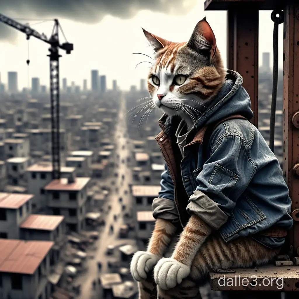 In semi real animation style beautifully, high detail, with beautiful dusty effects, a humanoid cat wearing rugged clothes sits on a crane, homeless, cat ears and many hard hats collage Columns-construction-gates high realism professional drawing in realistic style 64k hdr wallpaper hyper-detailed high detail hyperrealism careful drawing of details high resolution clear lines cinematography elaborate intricate background perspective distant angle view from afar side view naturally Interesting, mesmerizing, unhappy, unusual, poverty, poor, pitied, micro-detailed 