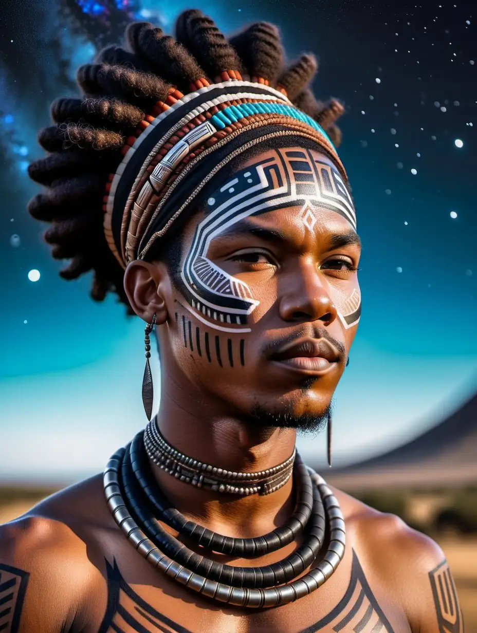Xhosa Tribe Man in Traditional Clothing with AfroFuturistic Twist and Galaxy Background