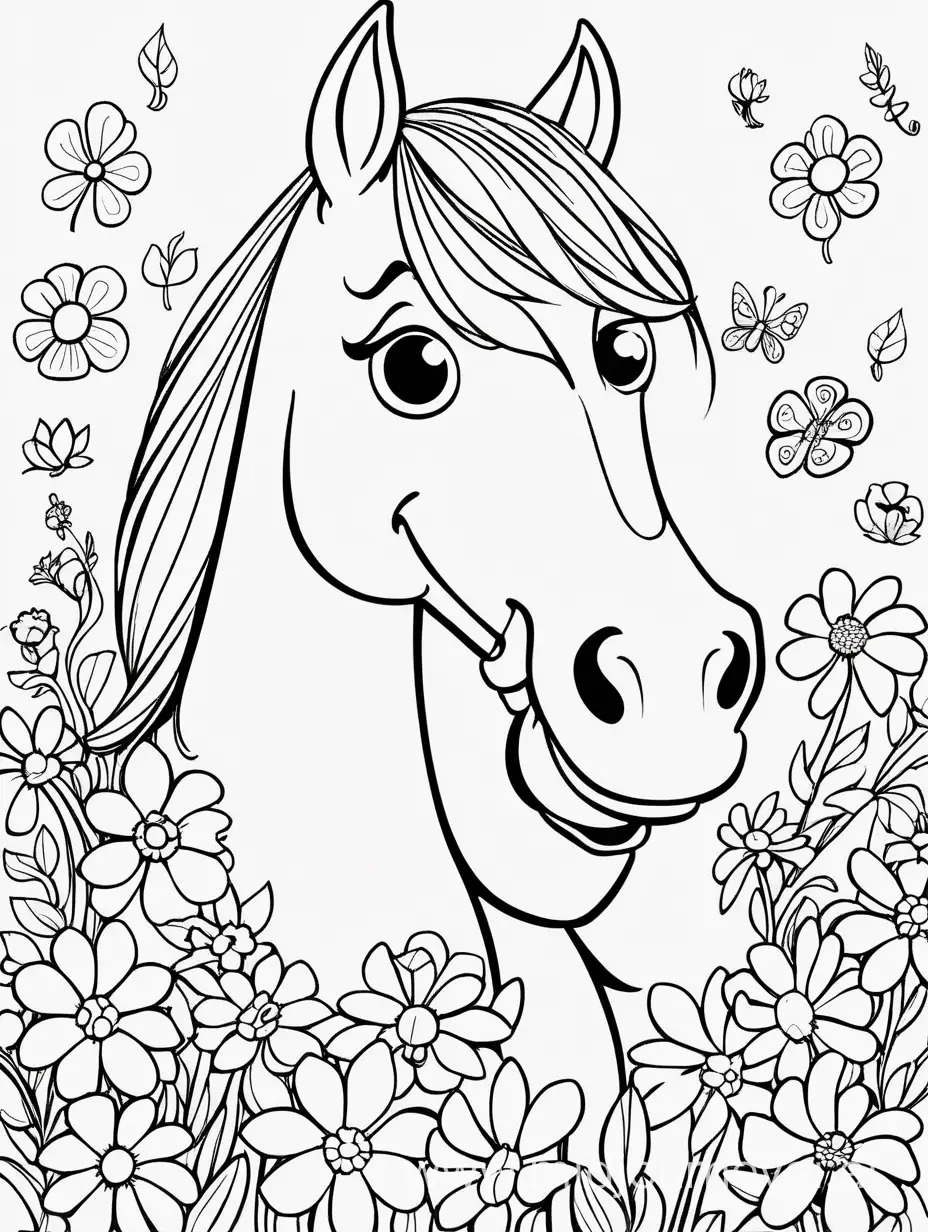 Cheerful Horse Surrounded by Blooms Coloring Book Cartoon Style Image