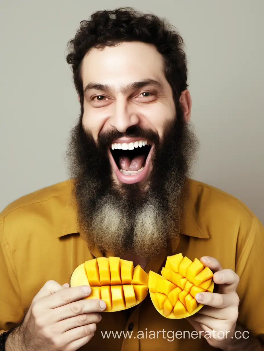 мужчина еврей с бородой и белыми зубами кушает много манго
