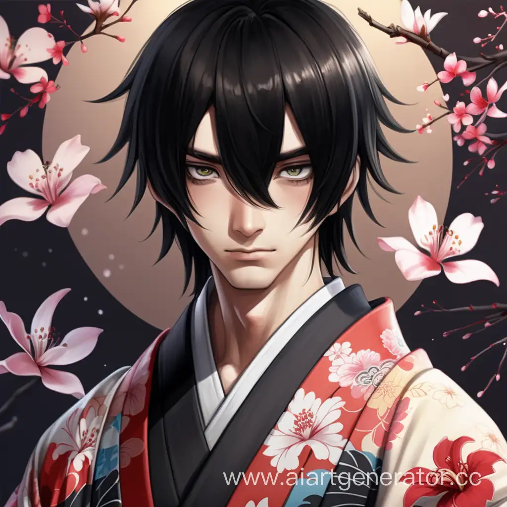 Mysterious-Man-in-Black-Kimono-with-Gloomy-Eyes