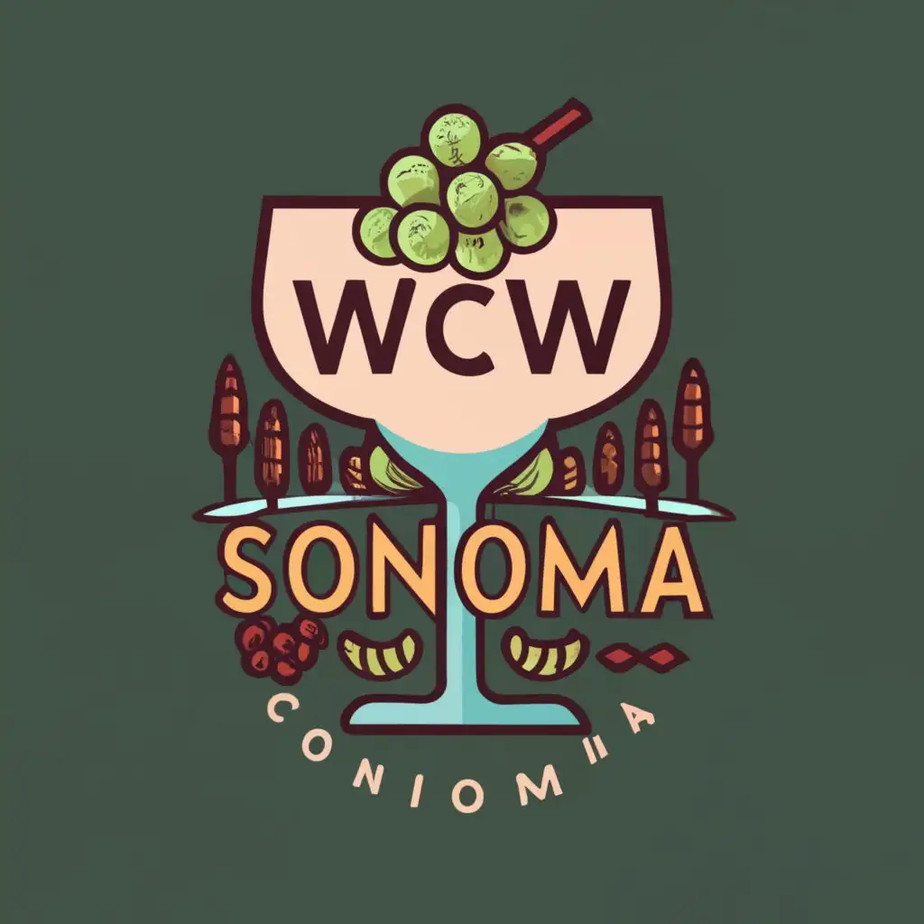 logo, logo, vector, emblem, Winecountry, sonoma, insignia, wine glass, grapes, grape field, cocktail menu, feminine prominence, with the text "WCW", typography, be used in Retail industry