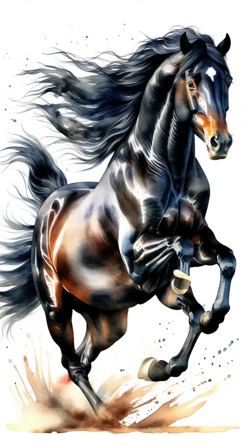 A strong black stallion running running with its mane blowing in the wind. Extreme realistic watercolor style emerging from a white background.