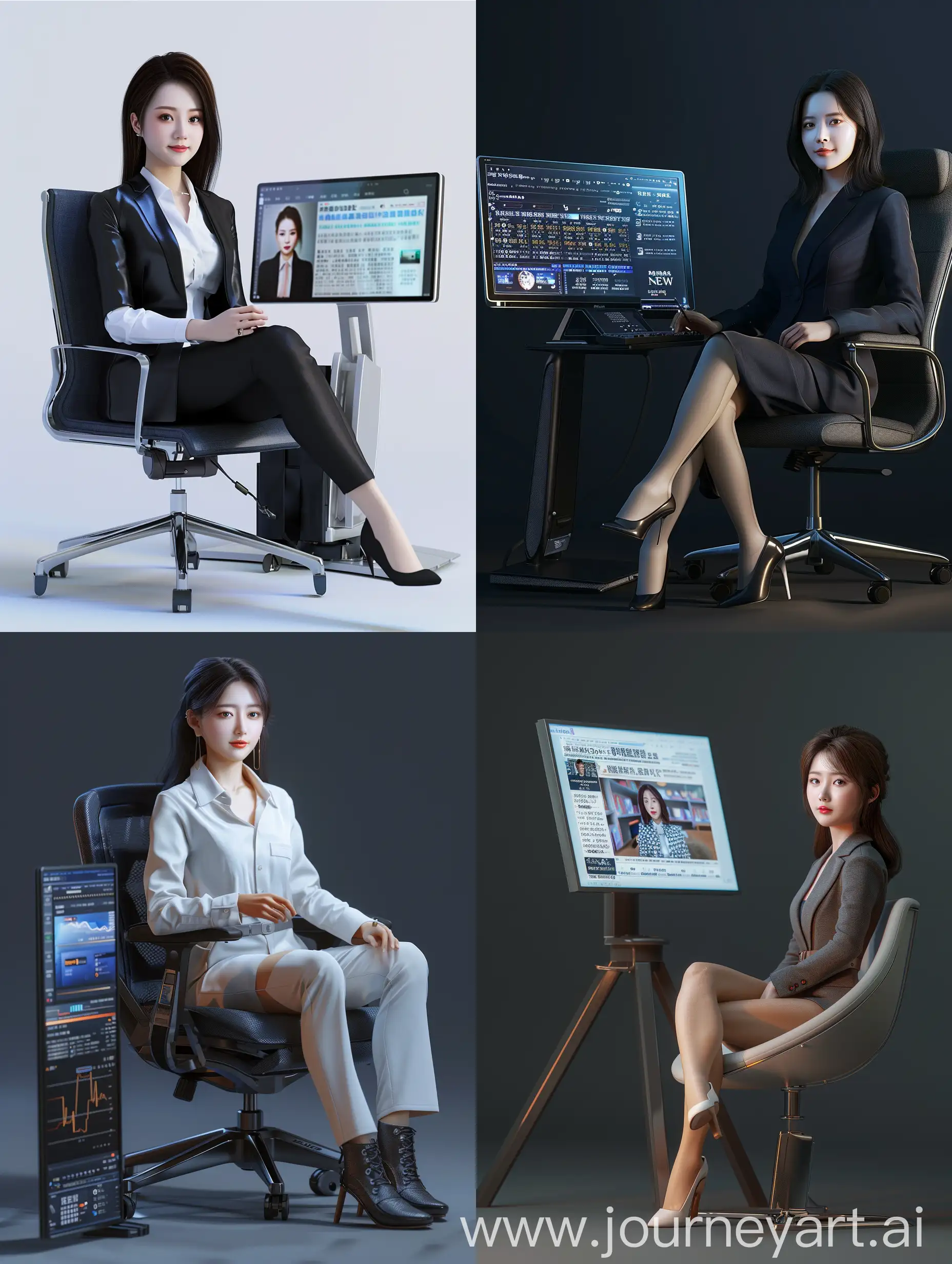 Foto nyata 3d seorang perempuan cantik asia berpakaian rapi duduk di kursi di sampingnya ada monitor layar lebar sedang membawakan sebuah berita. Realistis 3d UHD 8k