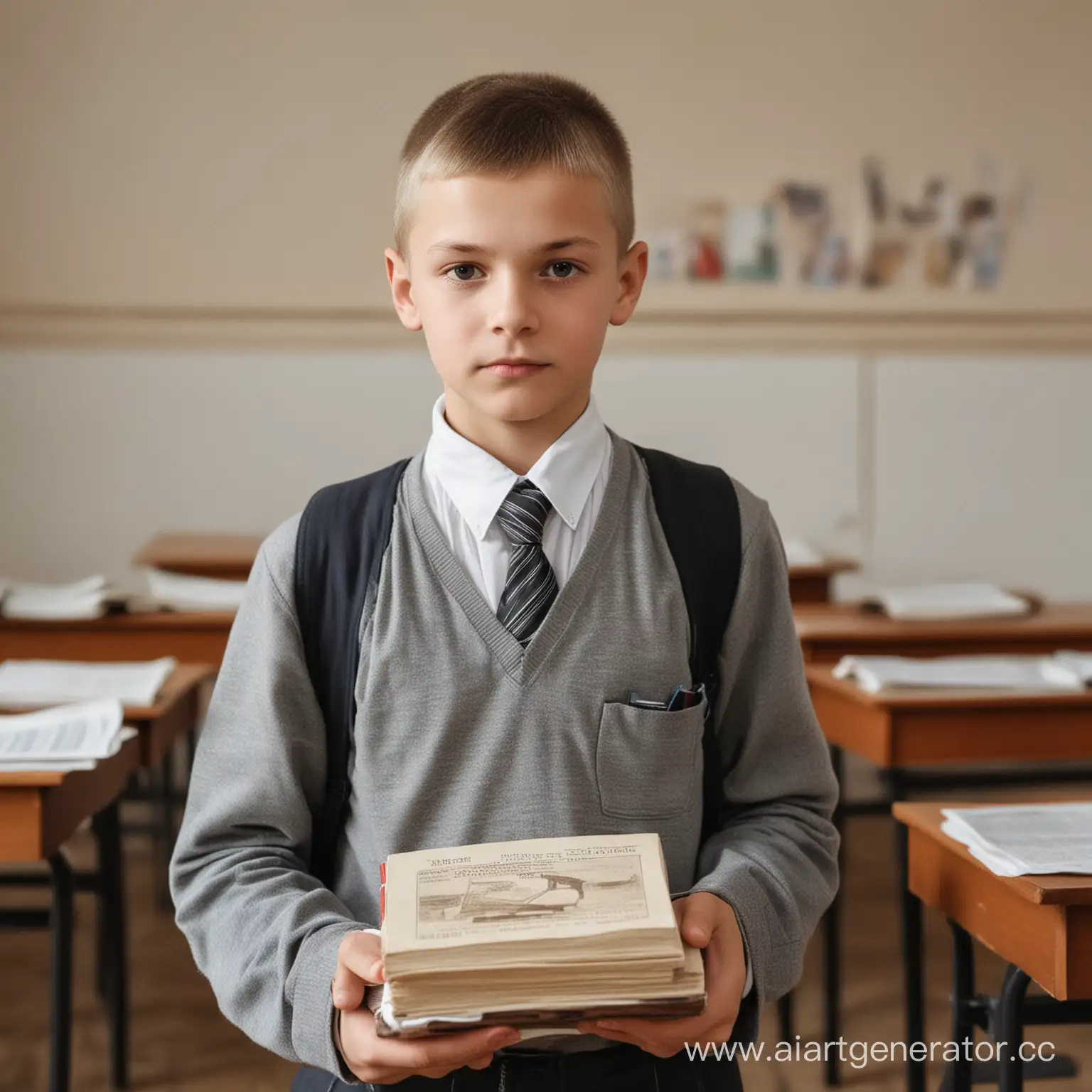 Confident-Slavic-Schoolboy-with-Textbooks-in-Classroom-Portrait