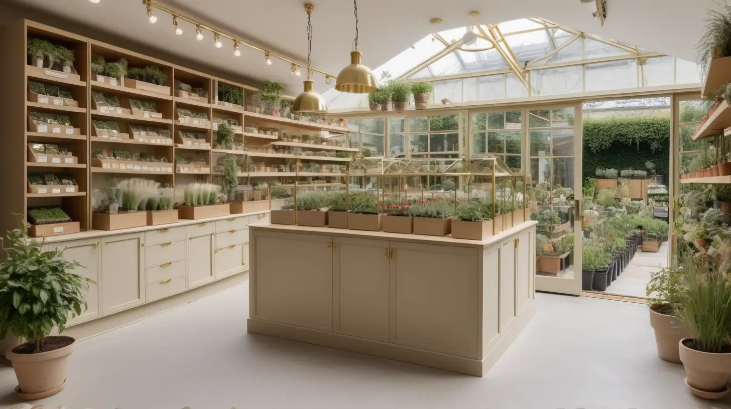 Modern Parisian, large garden centre; built in display storage with seed packets, pots, tools, gardening supplies; counter; brass track lighting; glass doors open to the plant nursery and gardens; beige, light oak, brass, ivory colour palette