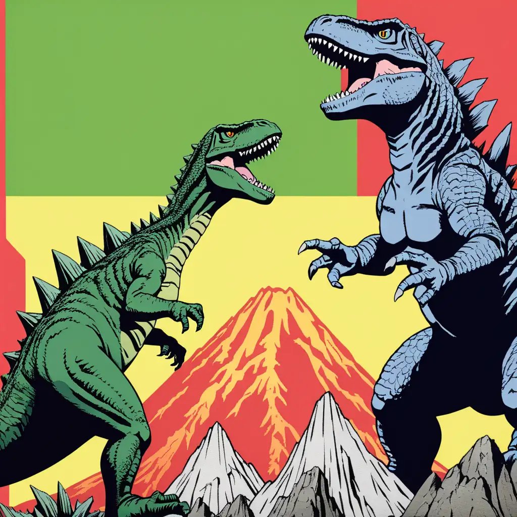 Godzilla and a t-rex anime, color block background 