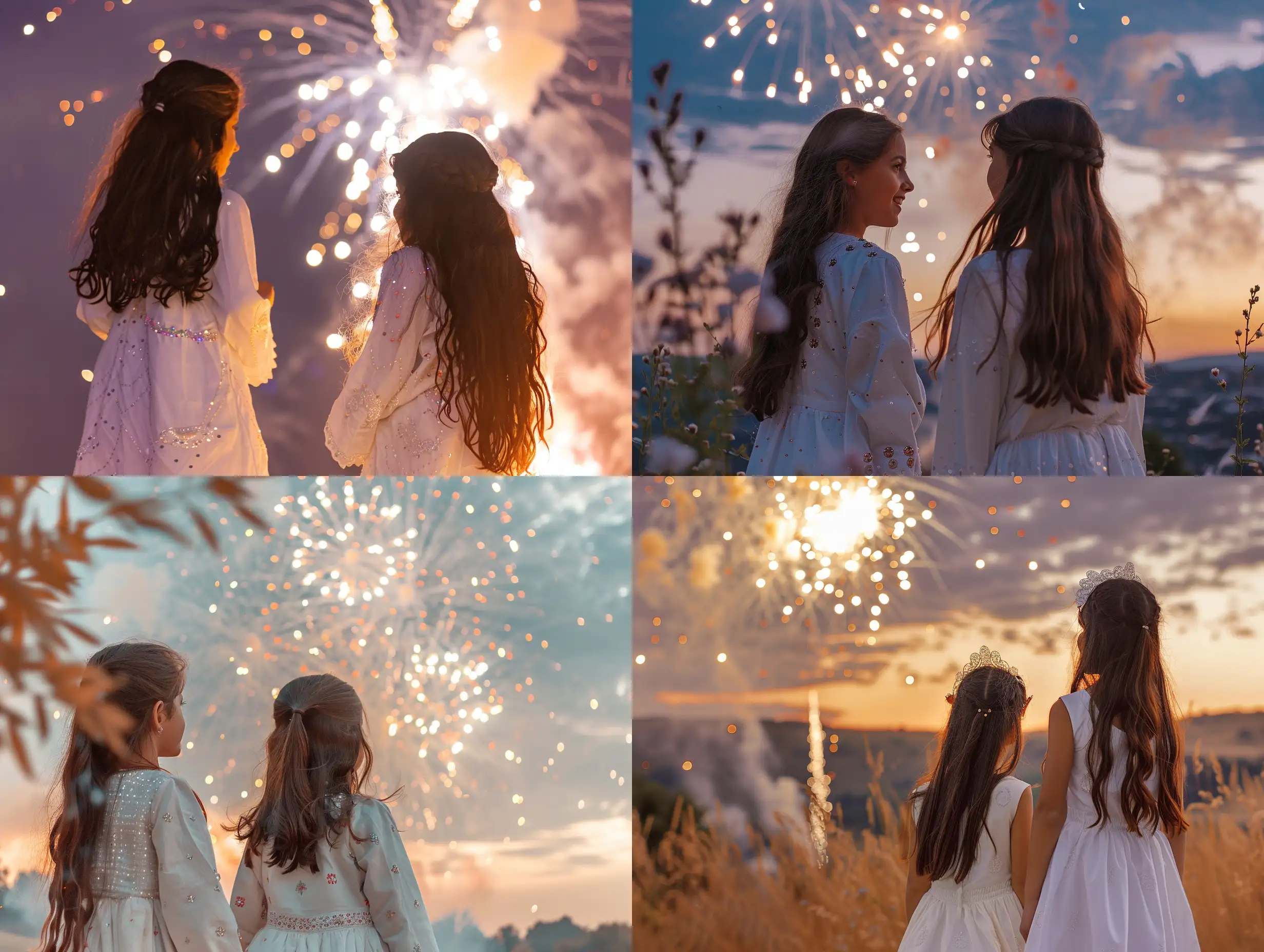 20-year-old girls in white Eid dresses, standing happily and looking at the fireworks in the sky, aspects of Eid Al-Fitr
Professional portrait photography, HD digital camera, contemporary era, warm color palette., Portrait, Realism, Keyshot, Normal perspective, Mirrorless Camera, Natural Light, Delight,