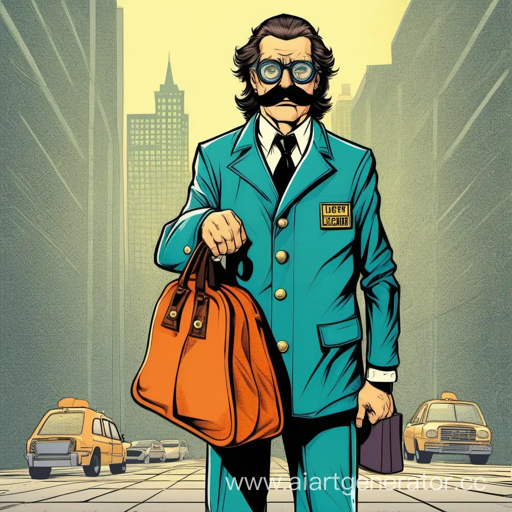 Оформление в стиле ретро-комиксов, очень подробный длинноволосый усатый и в квадратных очках мужчина брюнет, симметричная, яркая, Егор Летов в костюме охраны охраняет свою сумку всю жизнь, стиль комичный