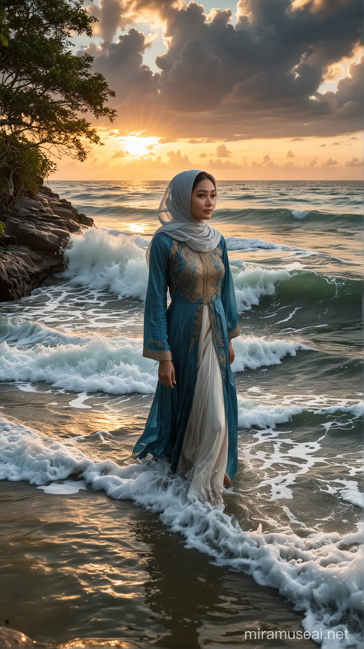 {(National Geographic, underwater photography, 3D, HDR, 16k UHD photo), (A beautiful Malaysian girl (face like Fazura), solo, wear hijab, cover whole body, blue-peach kebaya), (floating dress, splashing water, wet dress splashed by big waves), (white surfs, big waves, sunset, sea, trees, rocks, island, perfect light and puffy clouds, dramatic golden crepuscular rays)}