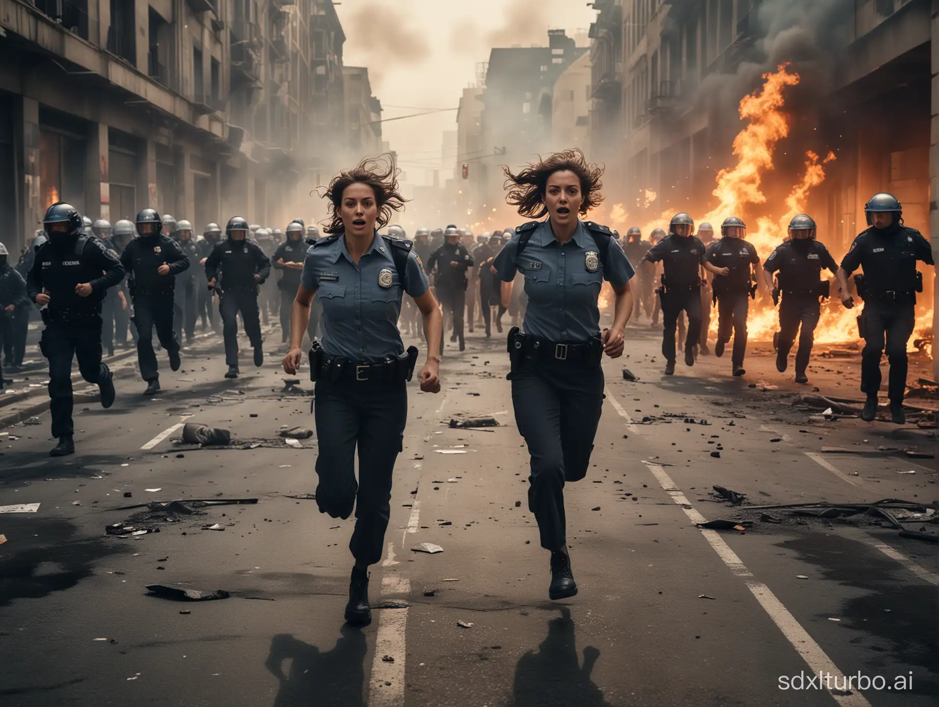 Journalistic photograph of a woman running through police lines in a crowded riot. Buildings are on fire in the background. Dark. Cinematic light with a wide angle lens. Photorealistic