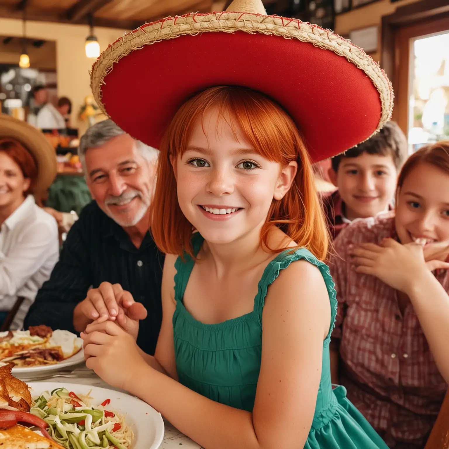 family photo in a spanish restaurant, red headed little girl wearing a sombrero, shes surrounded by various family members, all family members have different coloured hair