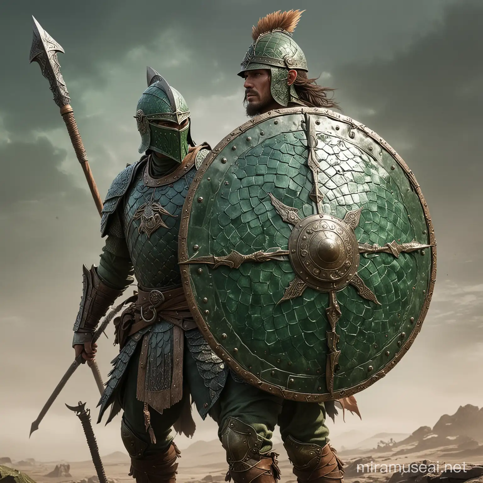 army of spearman. a combination between eastern and western. Wielding a eastern round shield and also a spear. Green coloured armor with dragon scale
