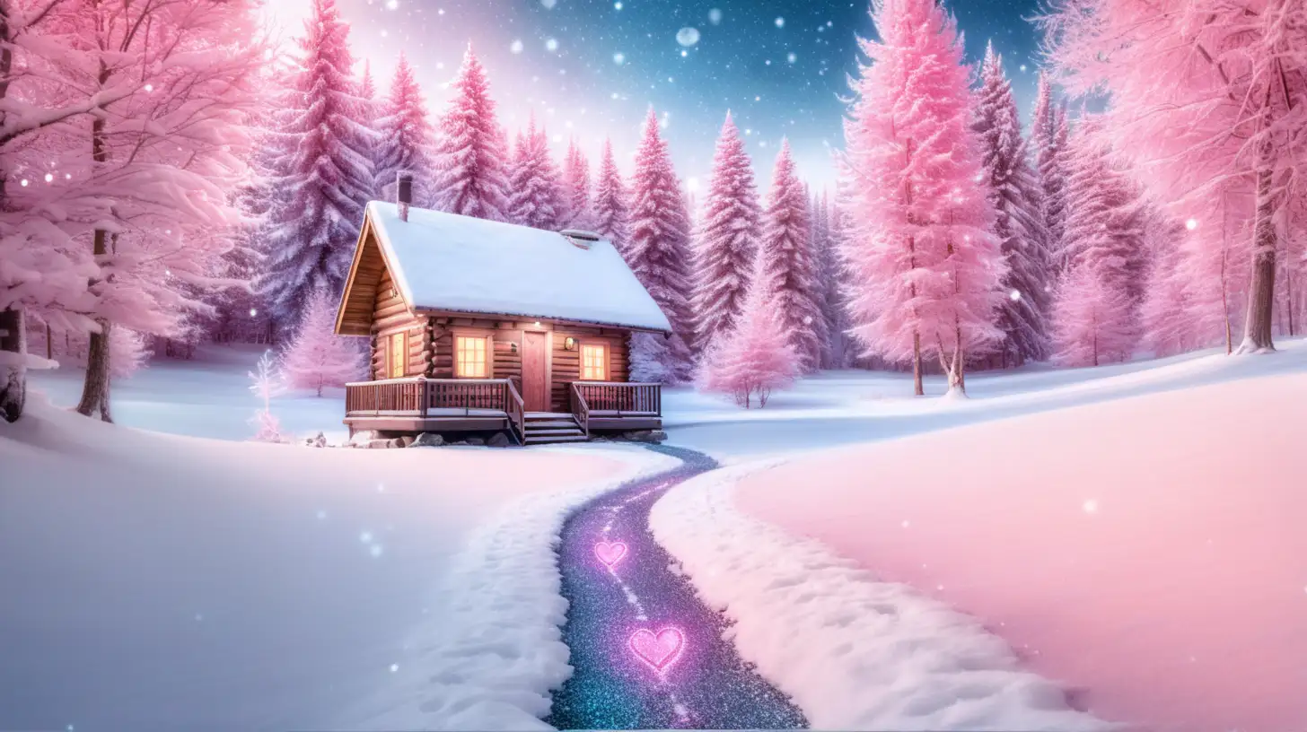 Glitter glowing pink heart shaped path in the snow leading to a beautiful cabin, with icy snow trees and wintery background 