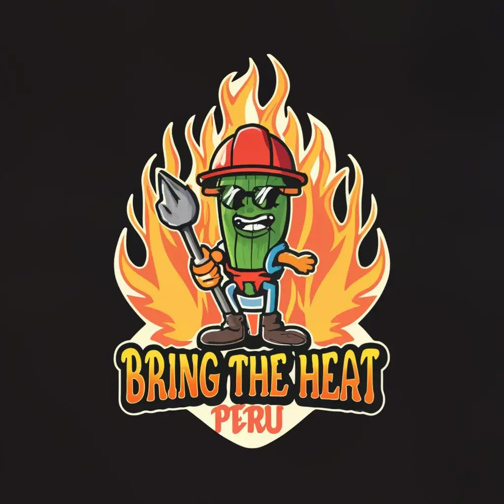 a logo design,with the text 'Bring the Heat Peru', main symbol:Cactus wearing a hard hat and safety vest with glasses on. He is holding a shovel. The sun is hot and there is fire around the border,complex,be used in Construction industry,clear background