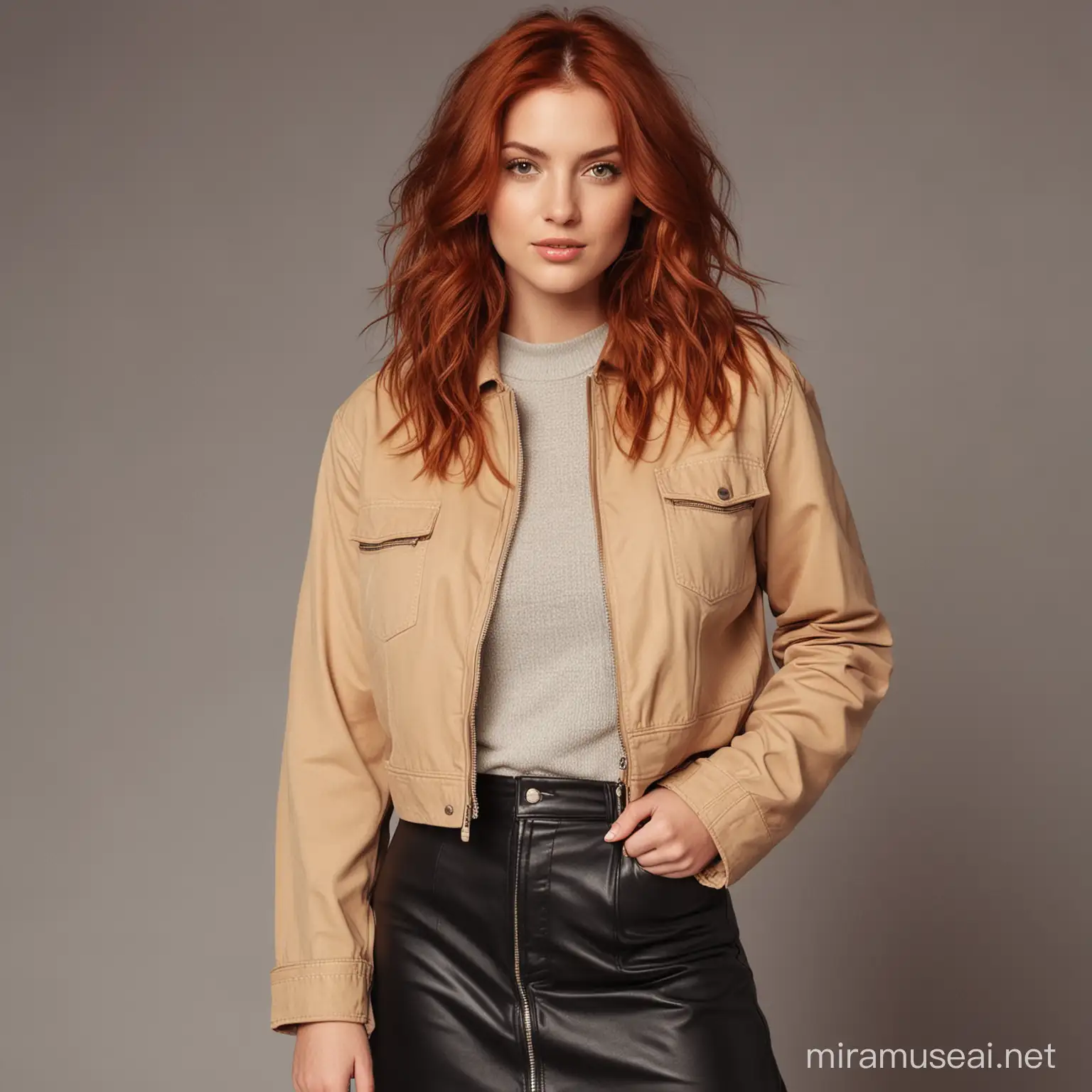Young Woman with Red Hair in Stylish Urban Outfit