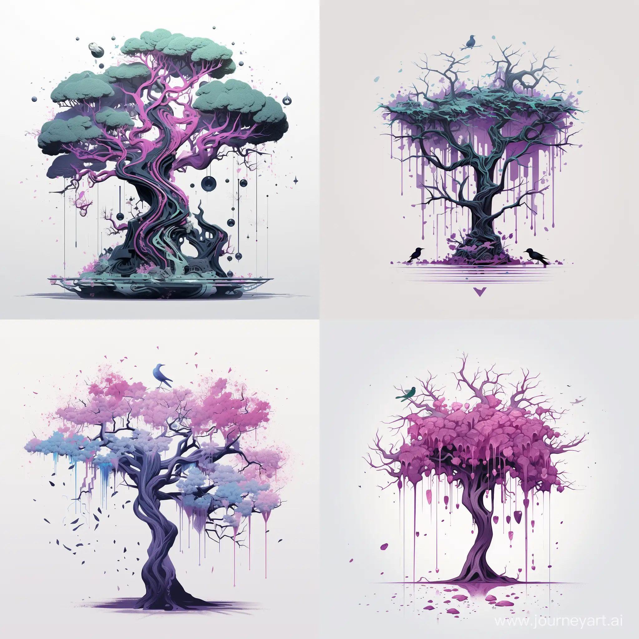 wuxiawncyc tree concept art, in the style of dustin nguyen, light violet and dark green, dan matutina, tangled forms, calm and serene beauty, ben wooten, dripping paint