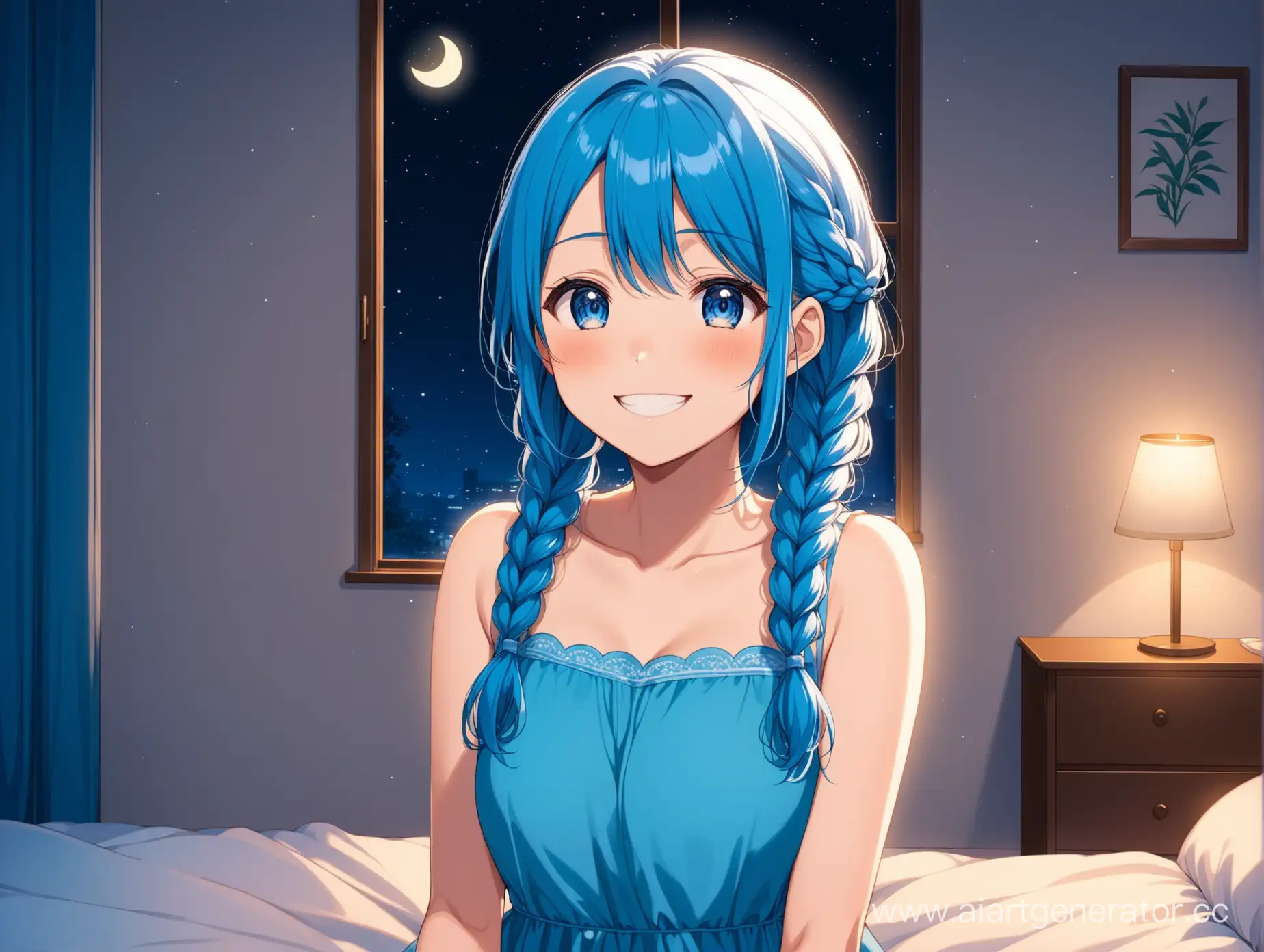 Joyful-Anime-Girl-with-Braids-in-Blue-Dress-Smiling-in-Nighttime-Room-Setting