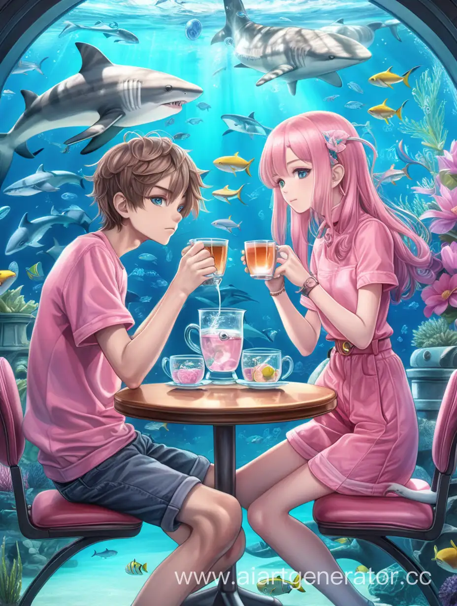 Anime-Teens-Enjoying-Tea-by-Shark-Aquarium-with-Cute-Kitten