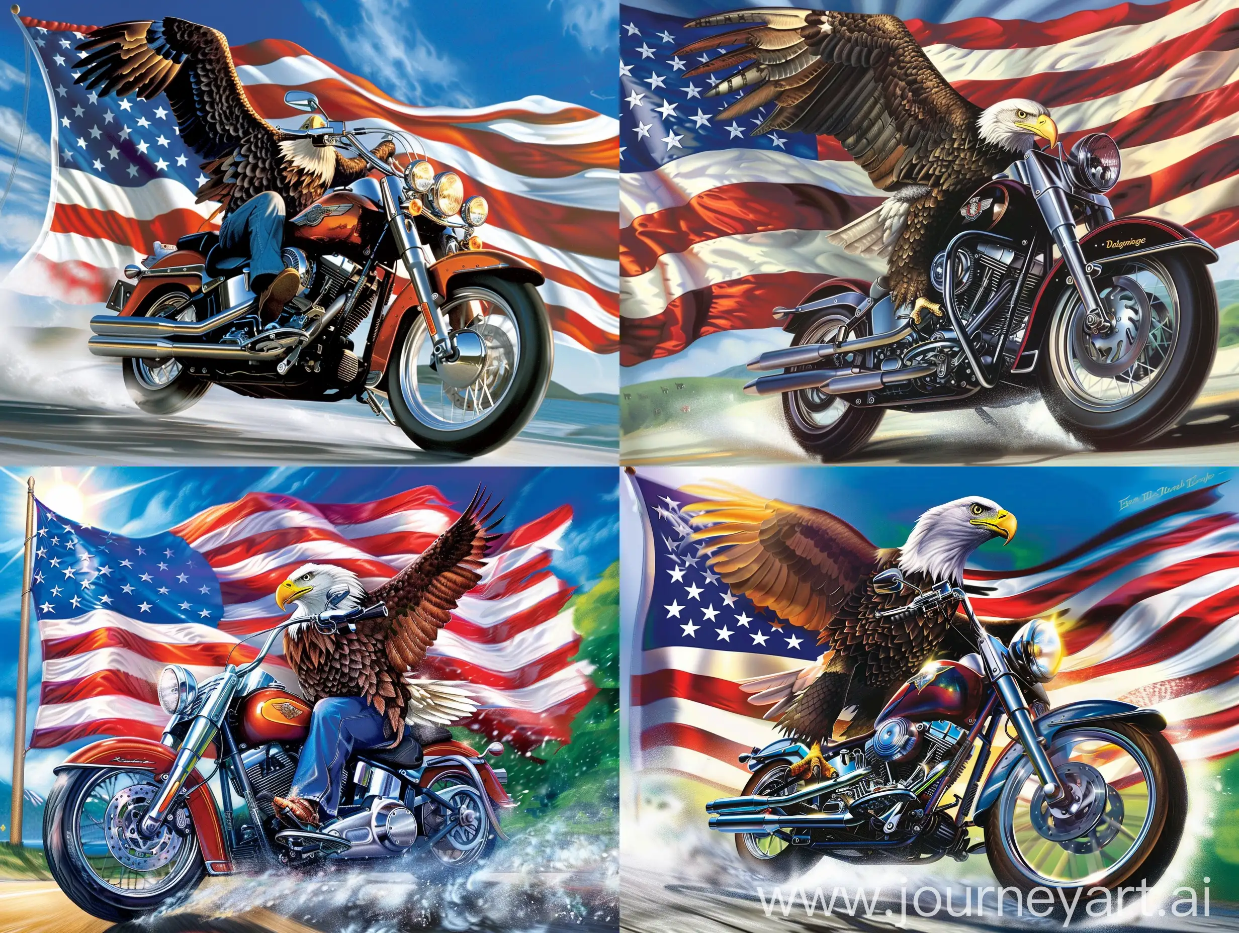 big eagle riding a harley Davidson motorcycle with a large American flag flowing in the background  with a bright blue sky