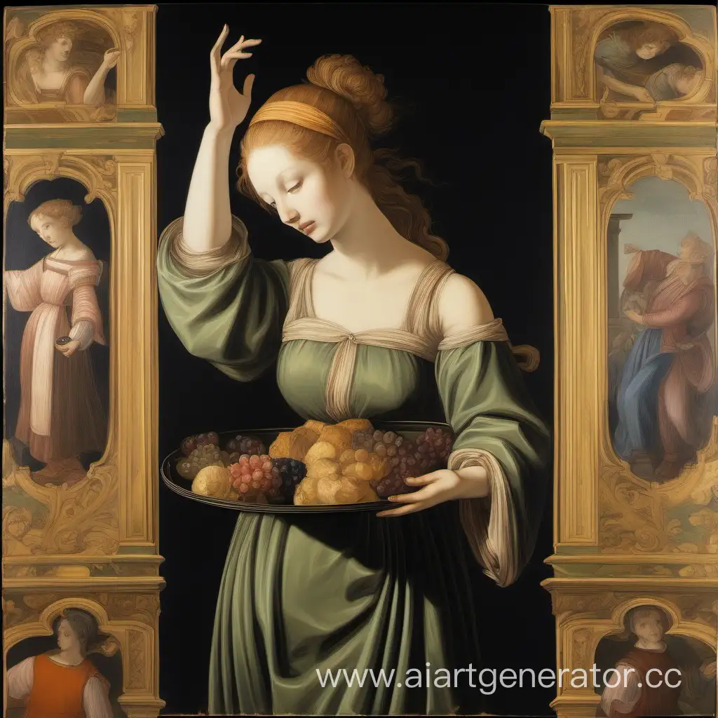 картина в стиле XIII-XIV, красивая девушка держащая в руках поднос, ей сверху напротив протягивают руку